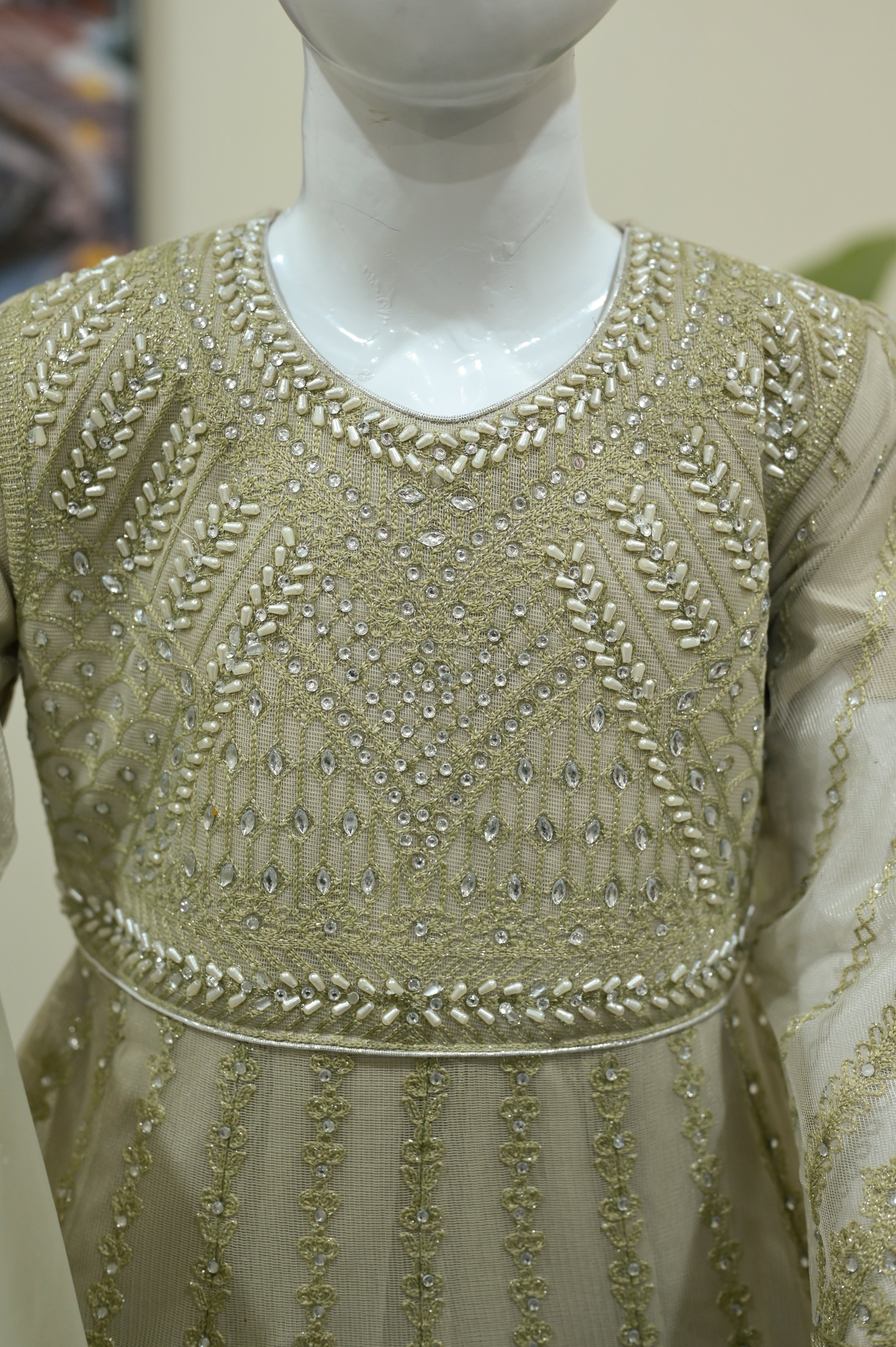 Designer Girls Olive Gold Embroidered Maxi Frock with Dupatta