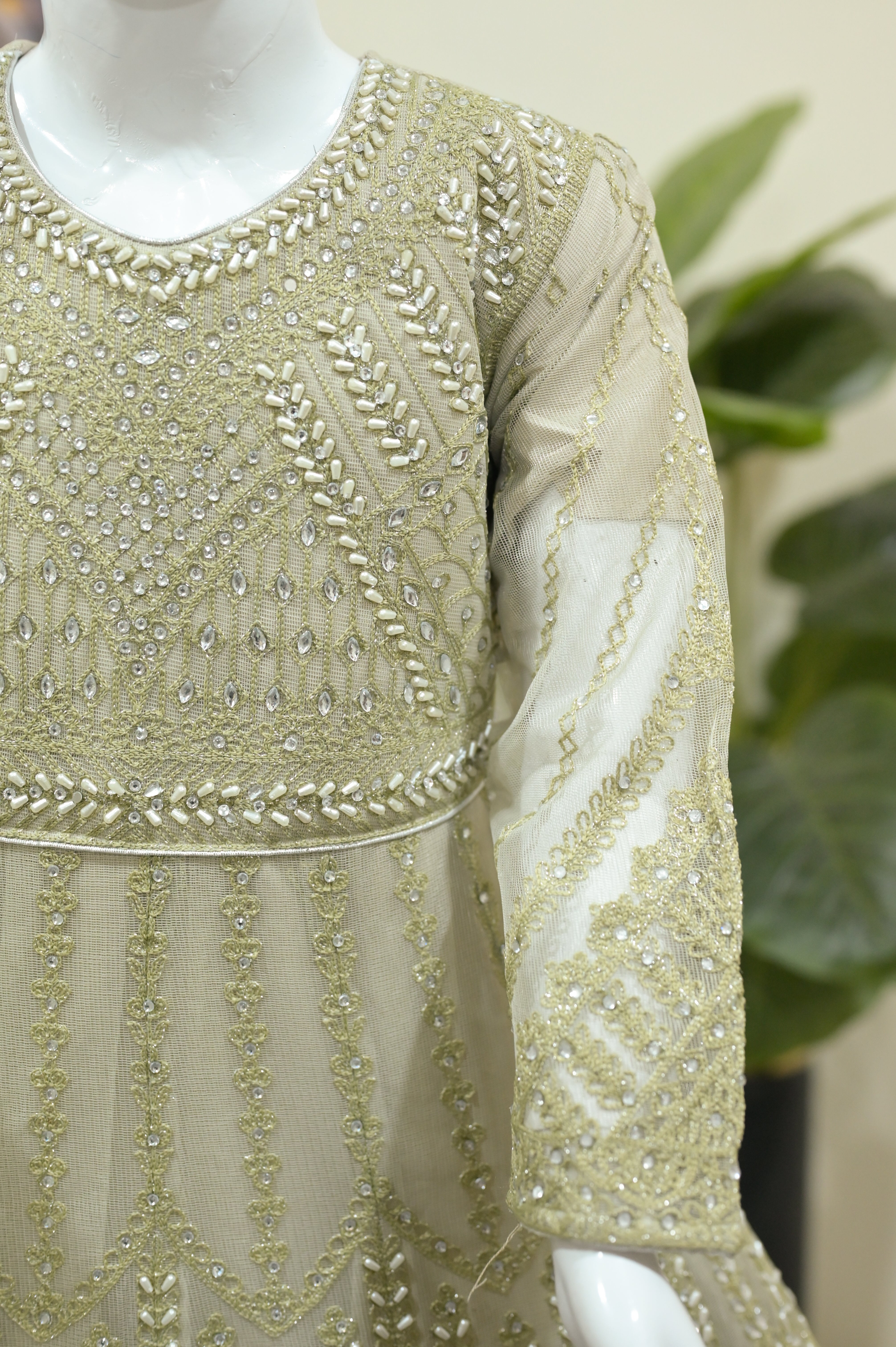 Designer Girls Olive Gold Embroidered Maxi Frock with Dupatta