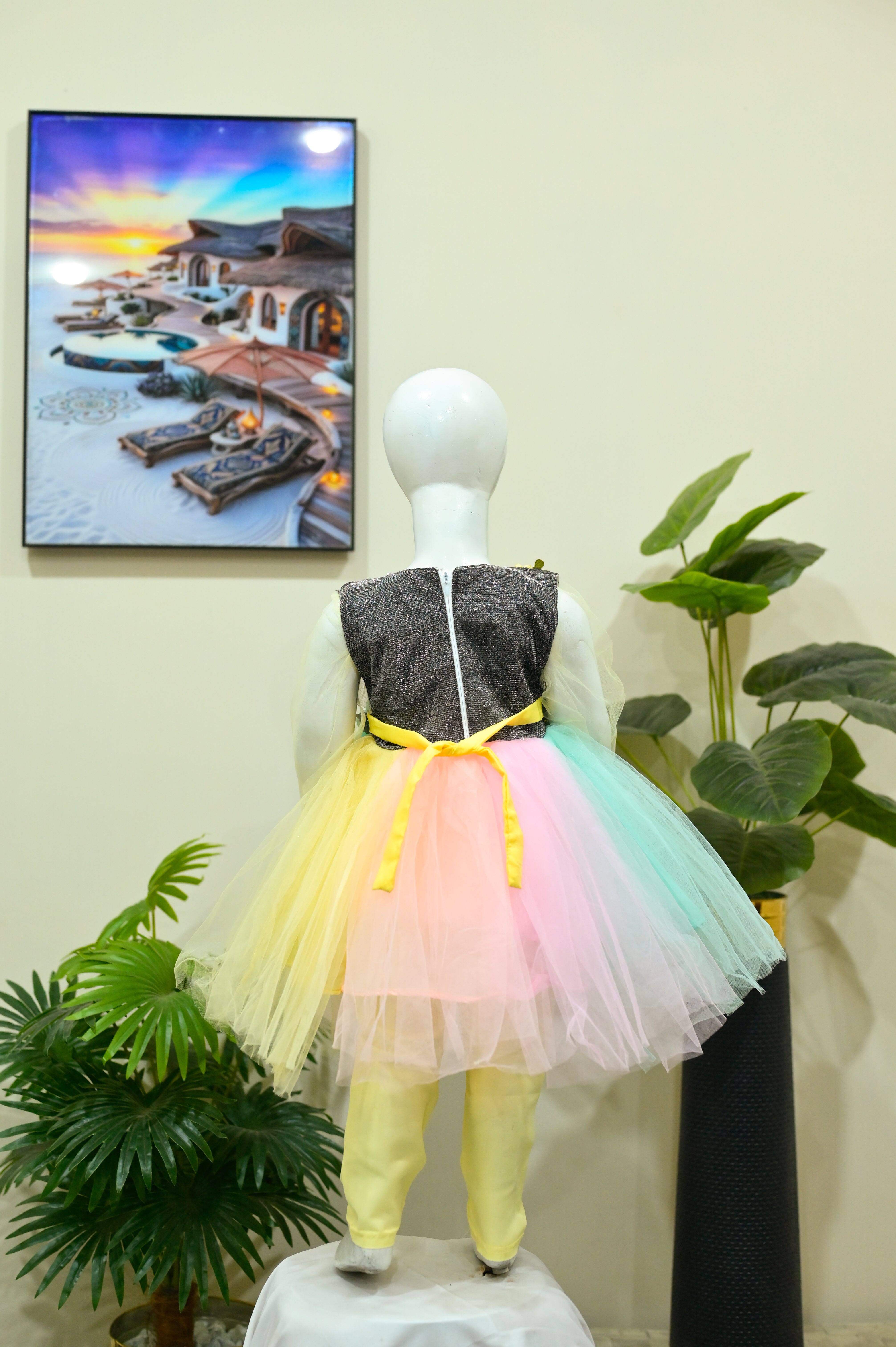Multicolor Rainbow Net Frock with Shimmer Bodice