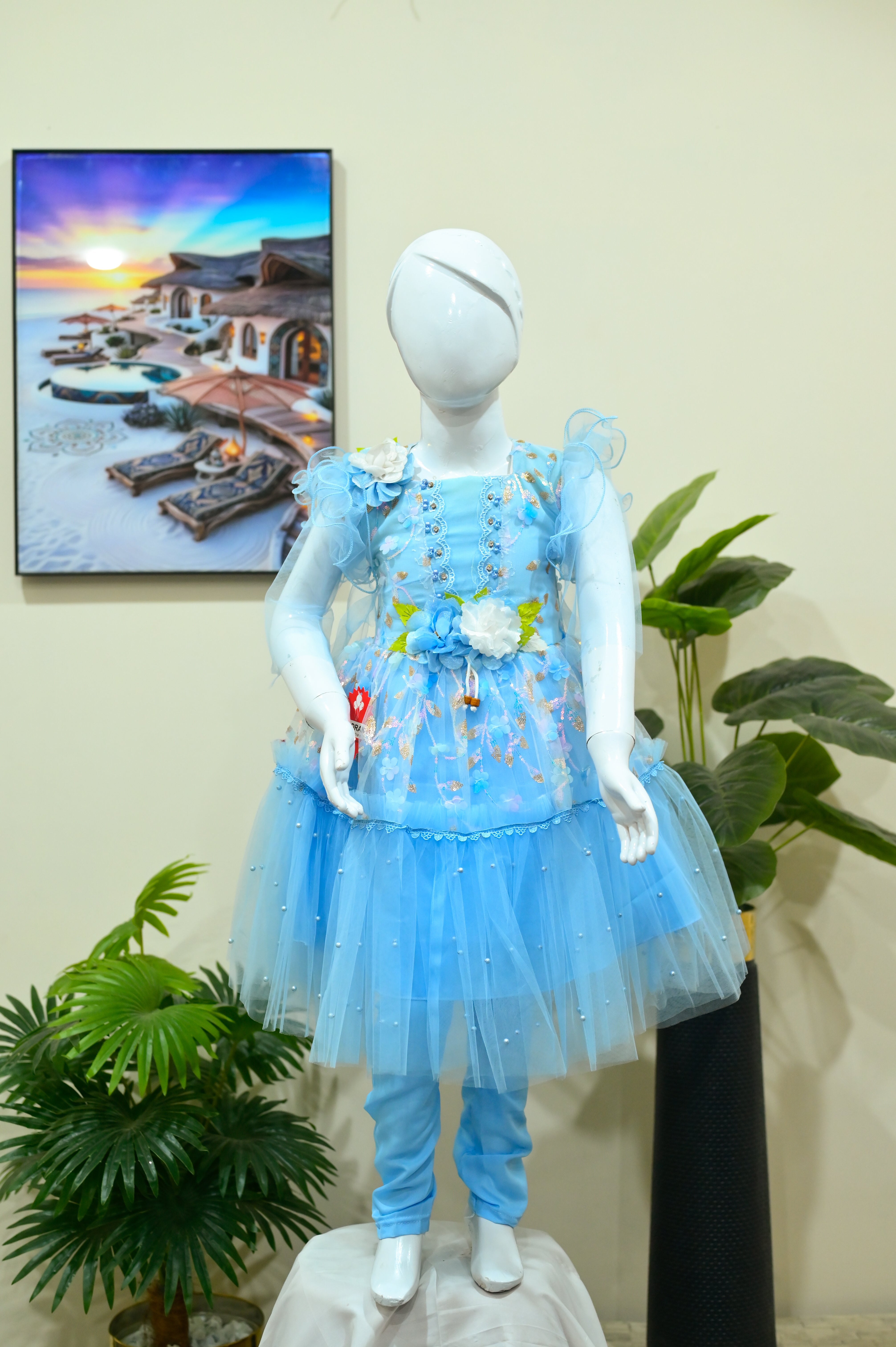 Floral Accented Mint Green Net Frock with Tights