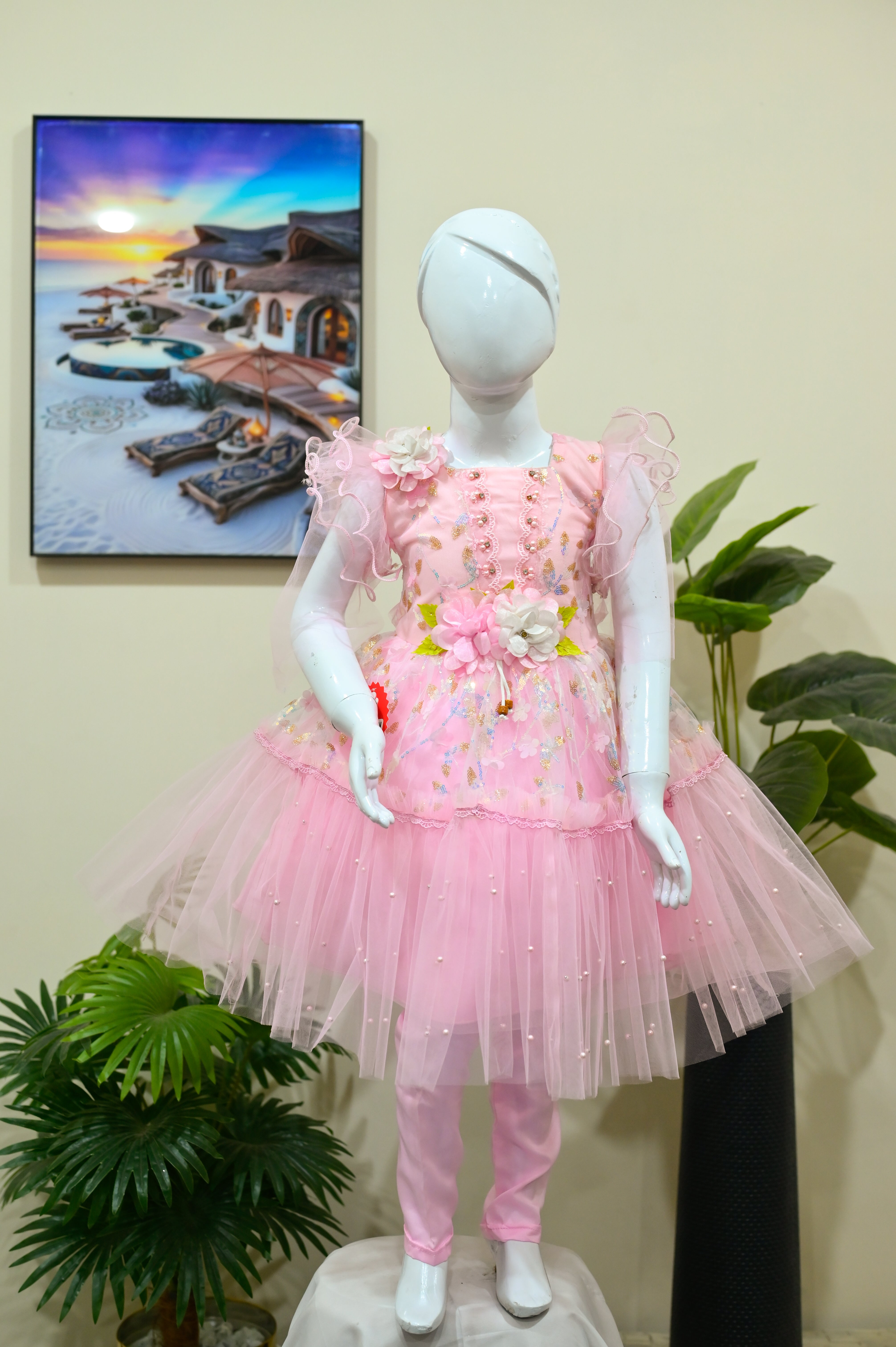Floral Accented Mint Green Net Frock with Tights