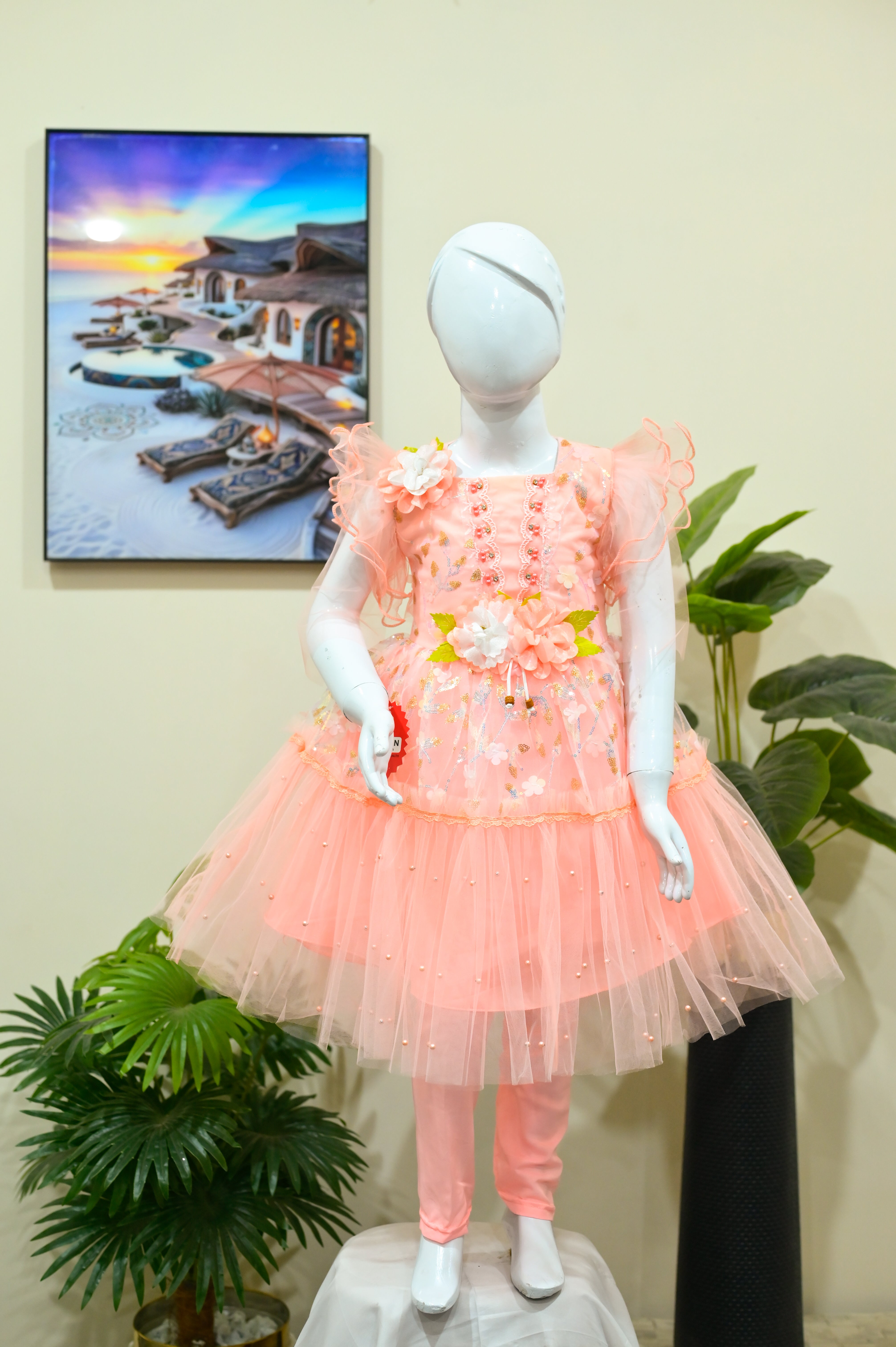 Floral Accented Mint Green Net Frock with Tights