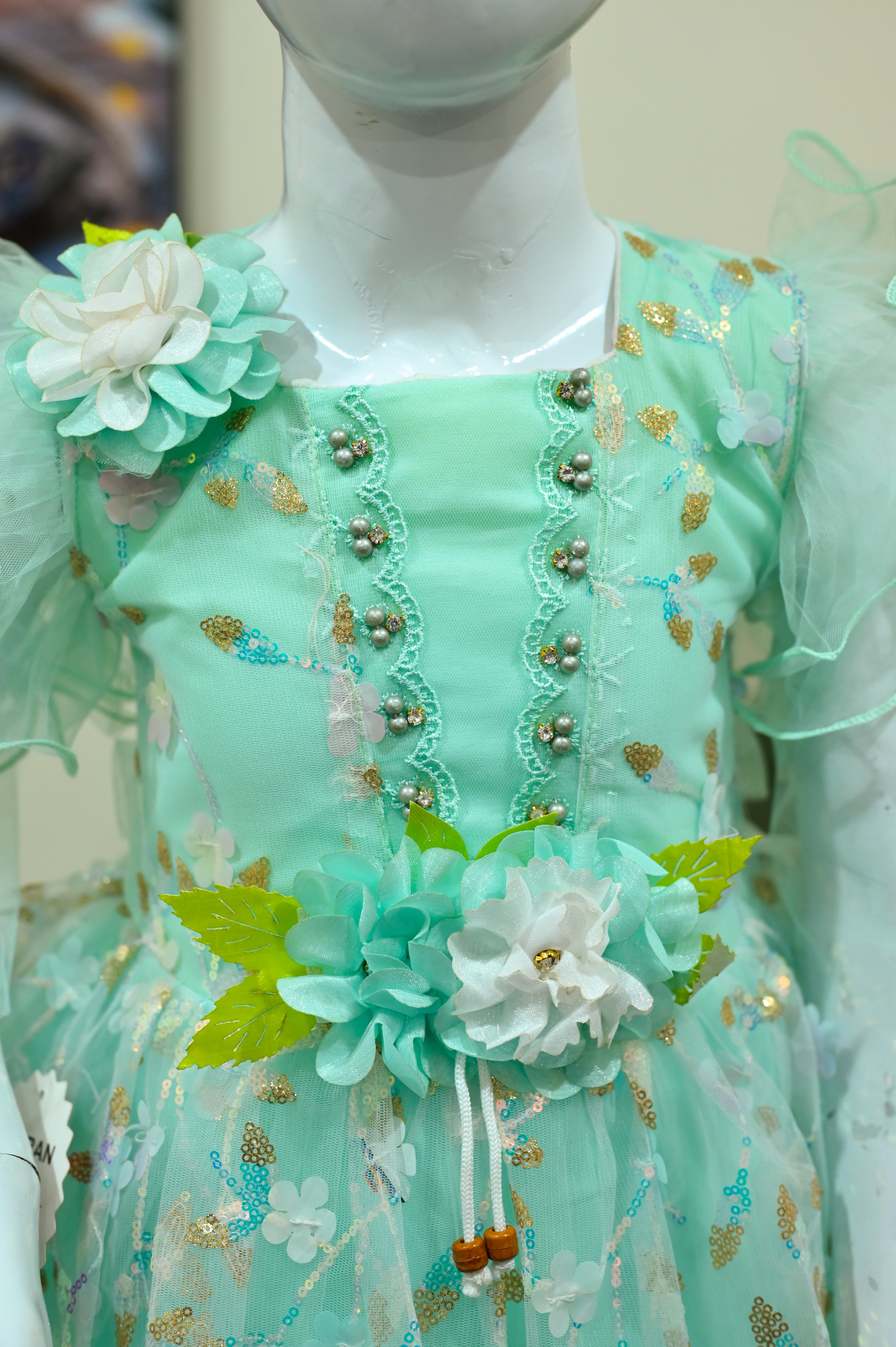 Floral Accented Mint Green Net Frock with Tights
