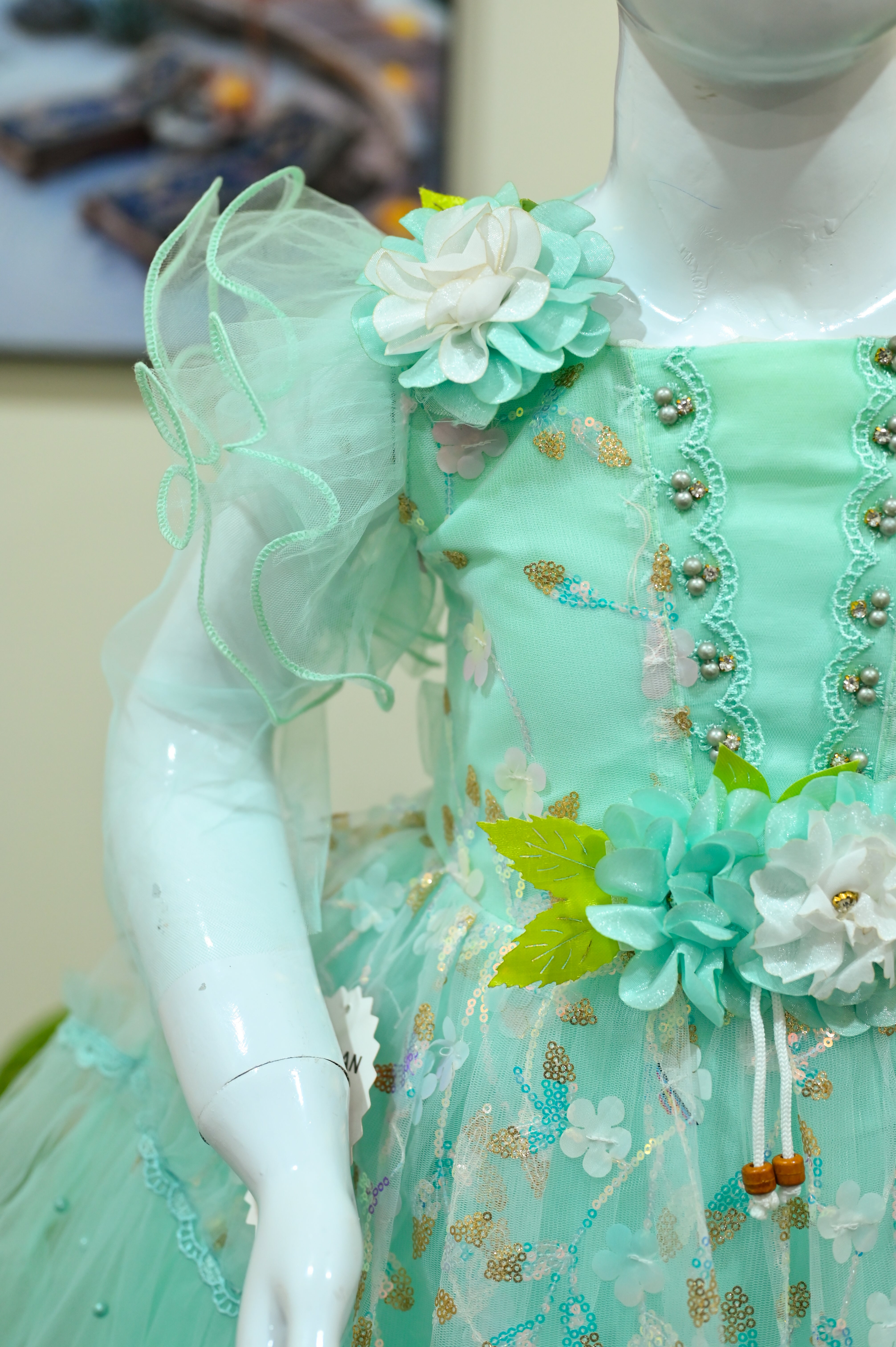 Floral Accented Mint Green Net Frock with Tights