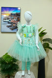 Floral Accented Mint Green Net Frock with Tights
