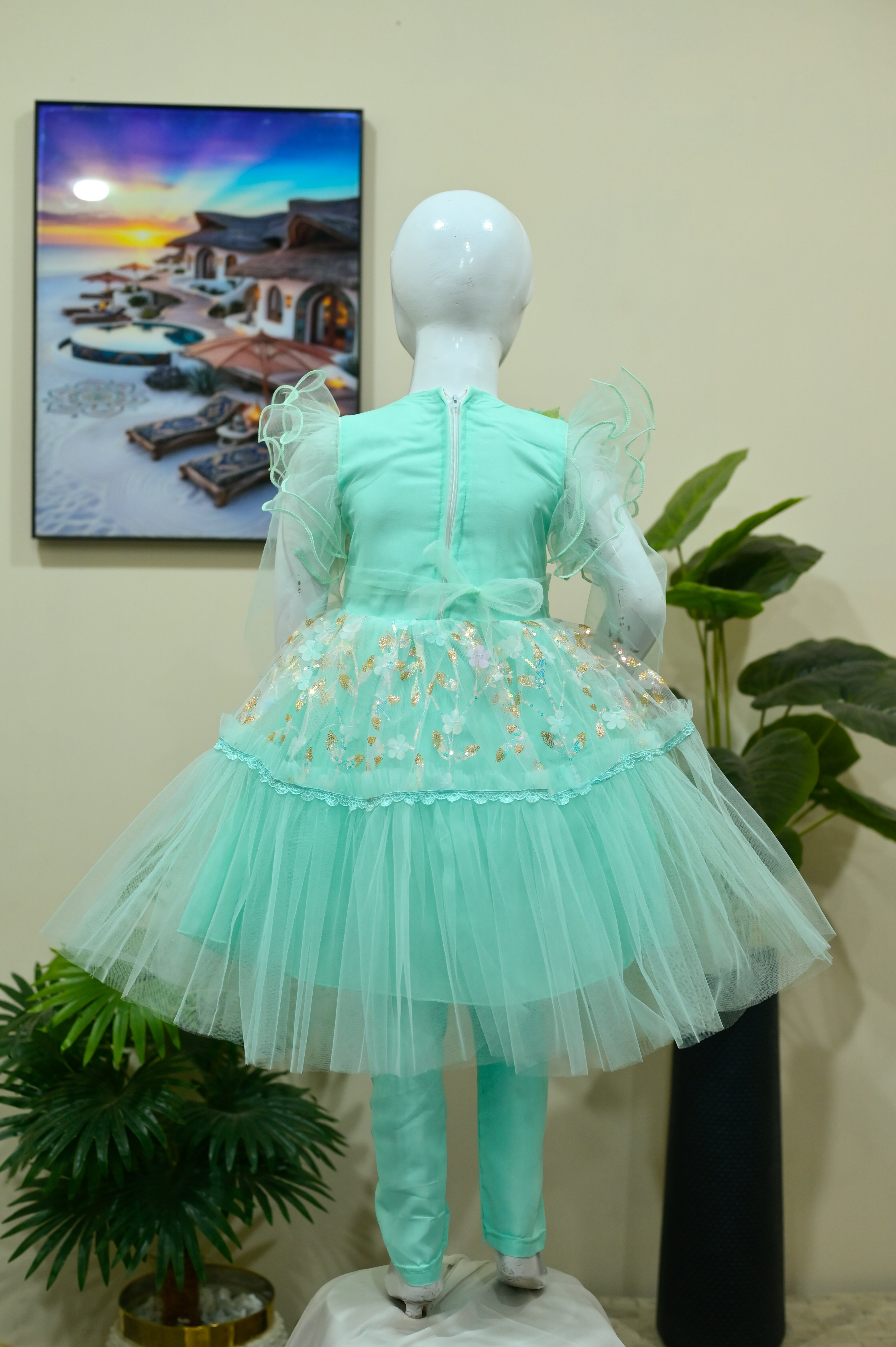 Floral Accented Mint Green Net Frock with Tights