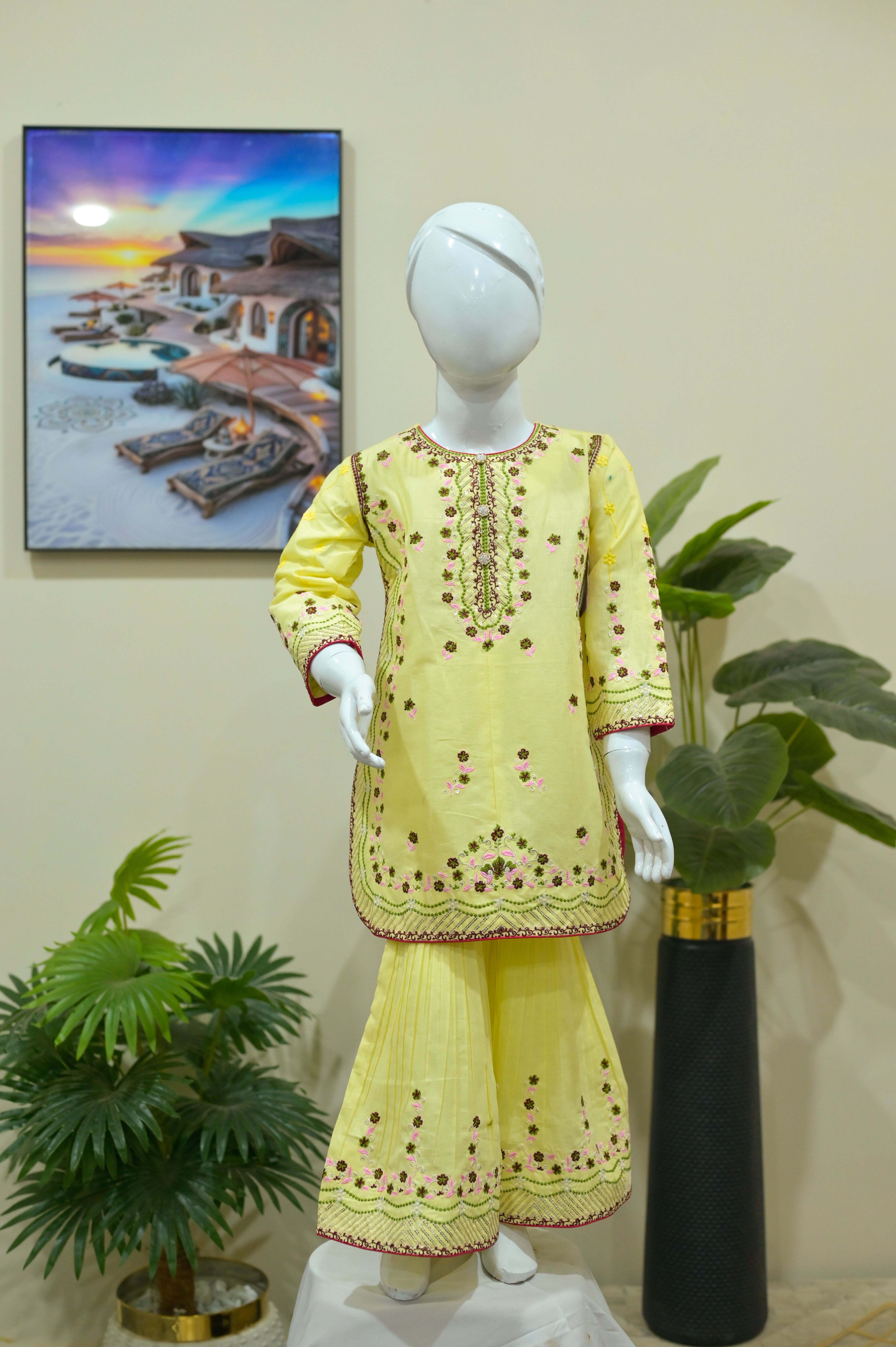 Mahroon Floral Embroidered Kurti & Pleated Sharara