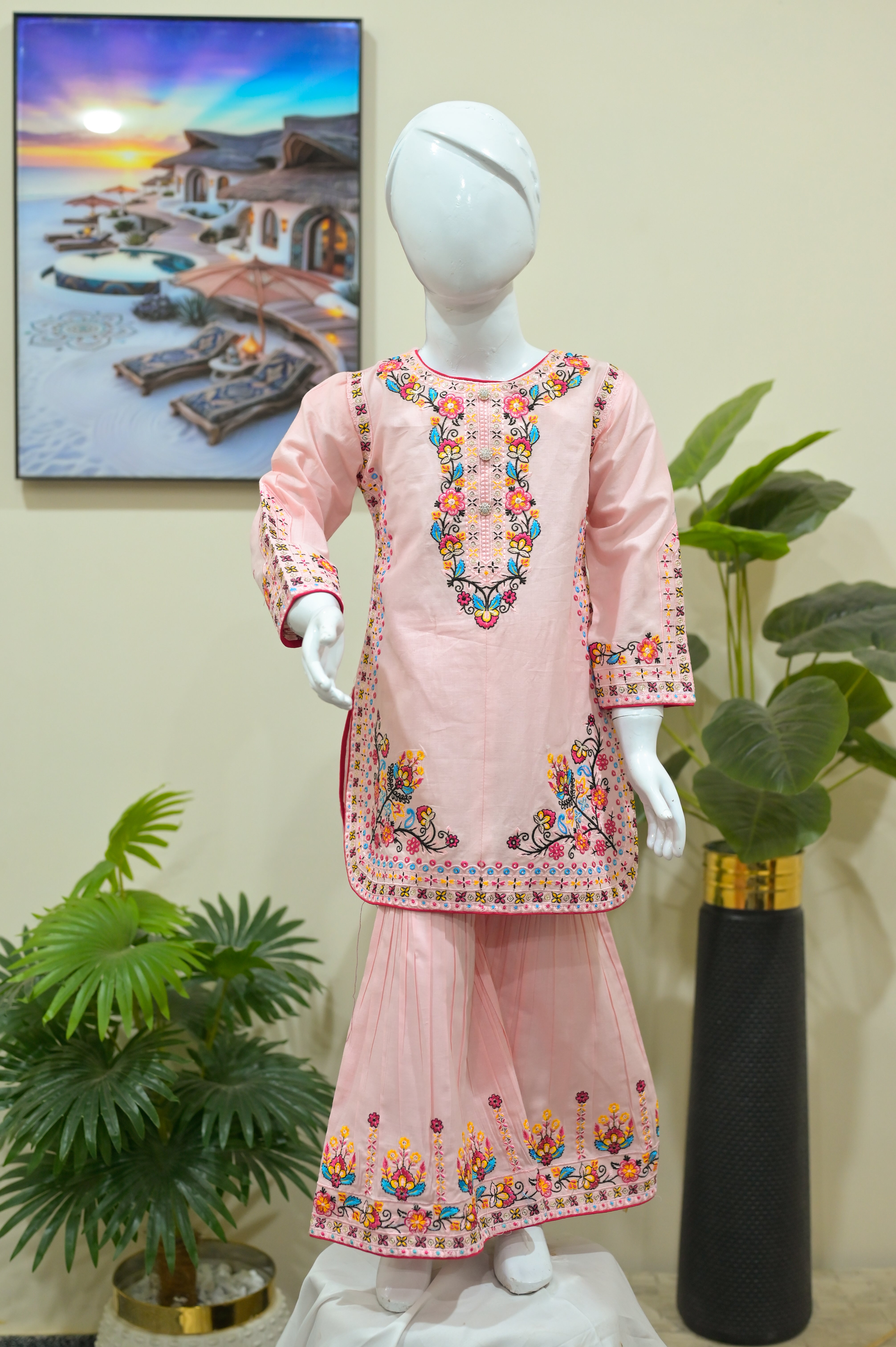 Mahroon Floral Embroidered Kurti & Pleated Sharara