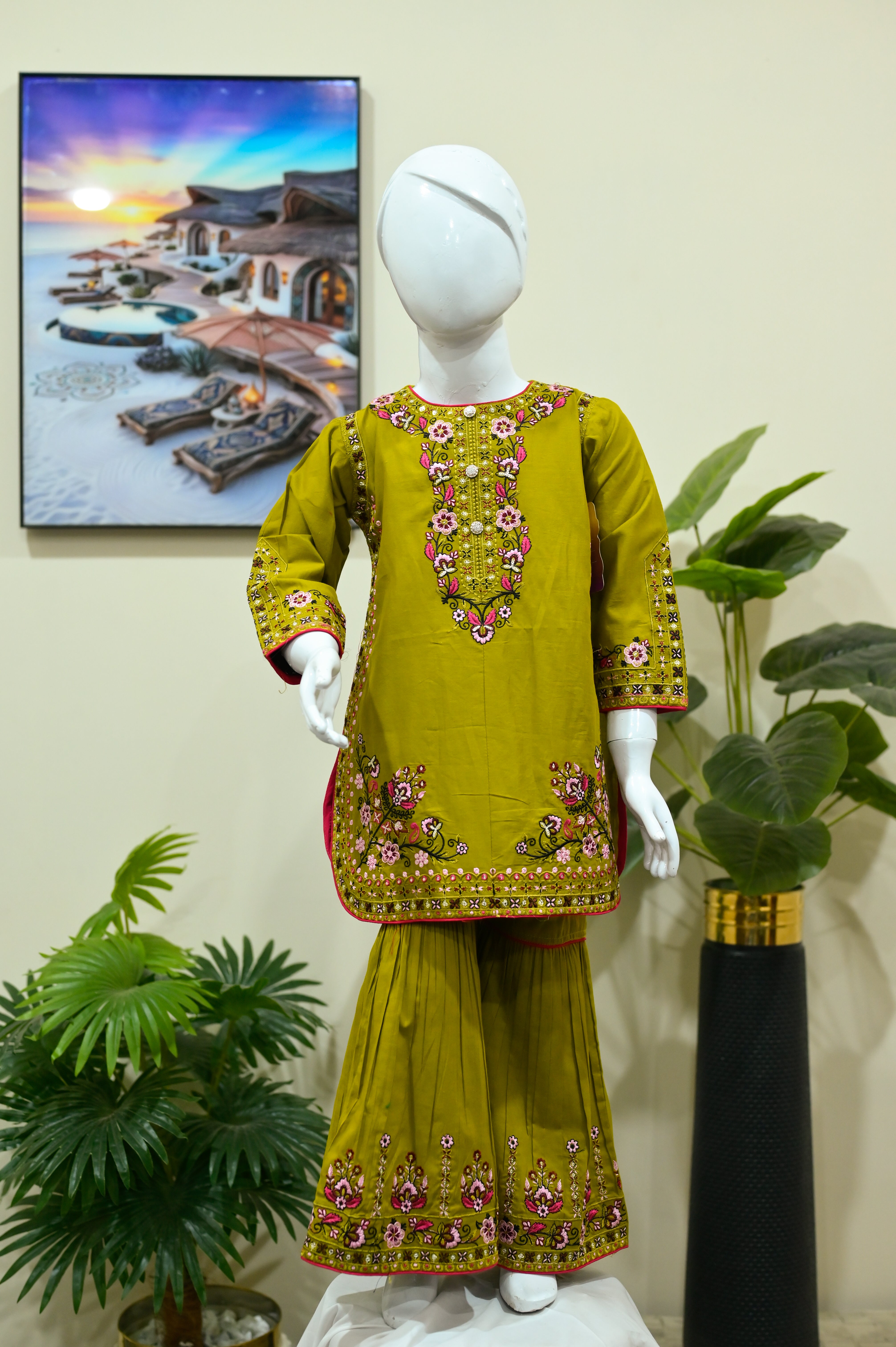 Mahroon Floral Embroidered Kurti & Pleated Sharara