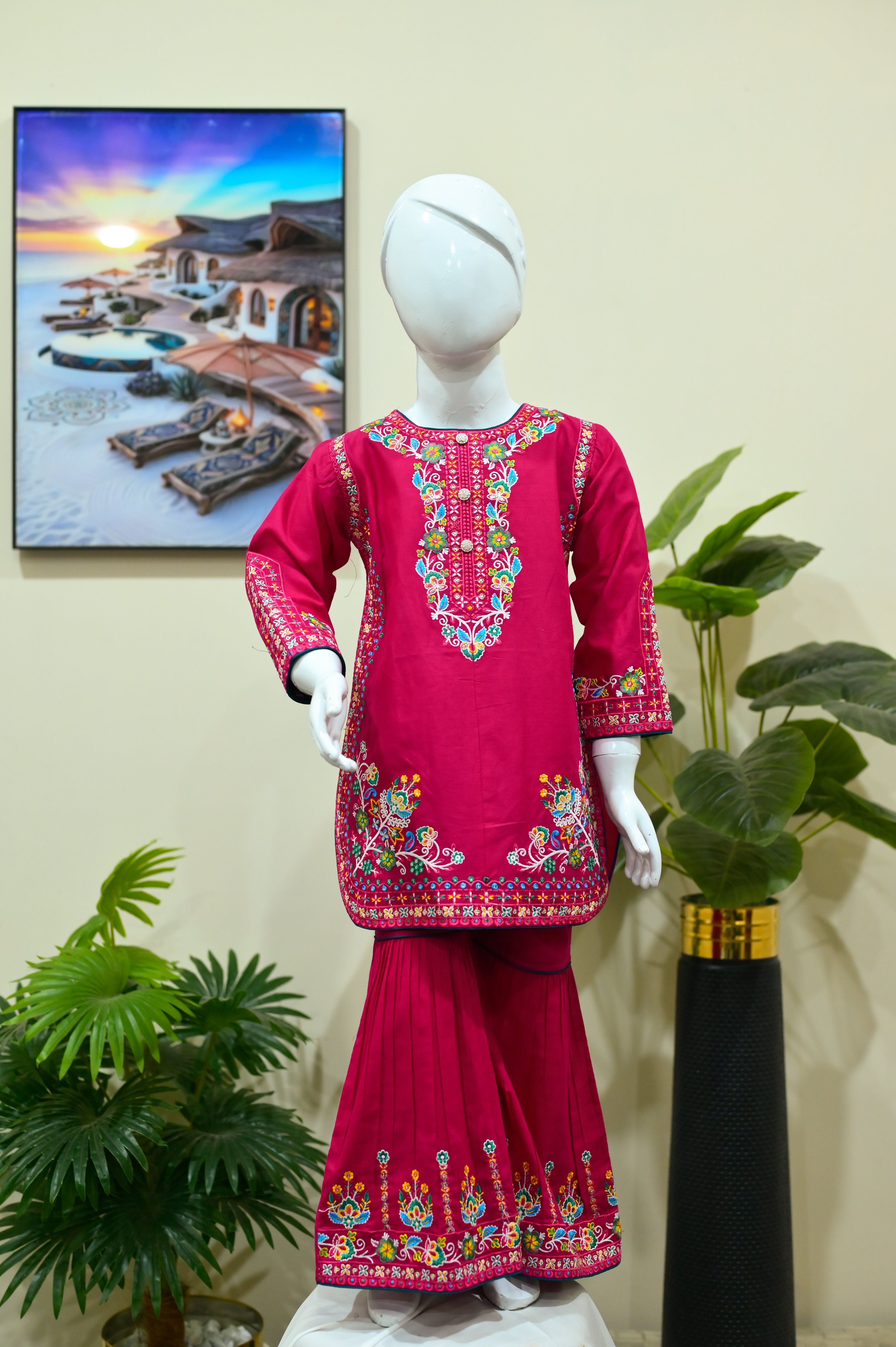 Mahroon Floral Embroidered Kurti & Pleated Sharara