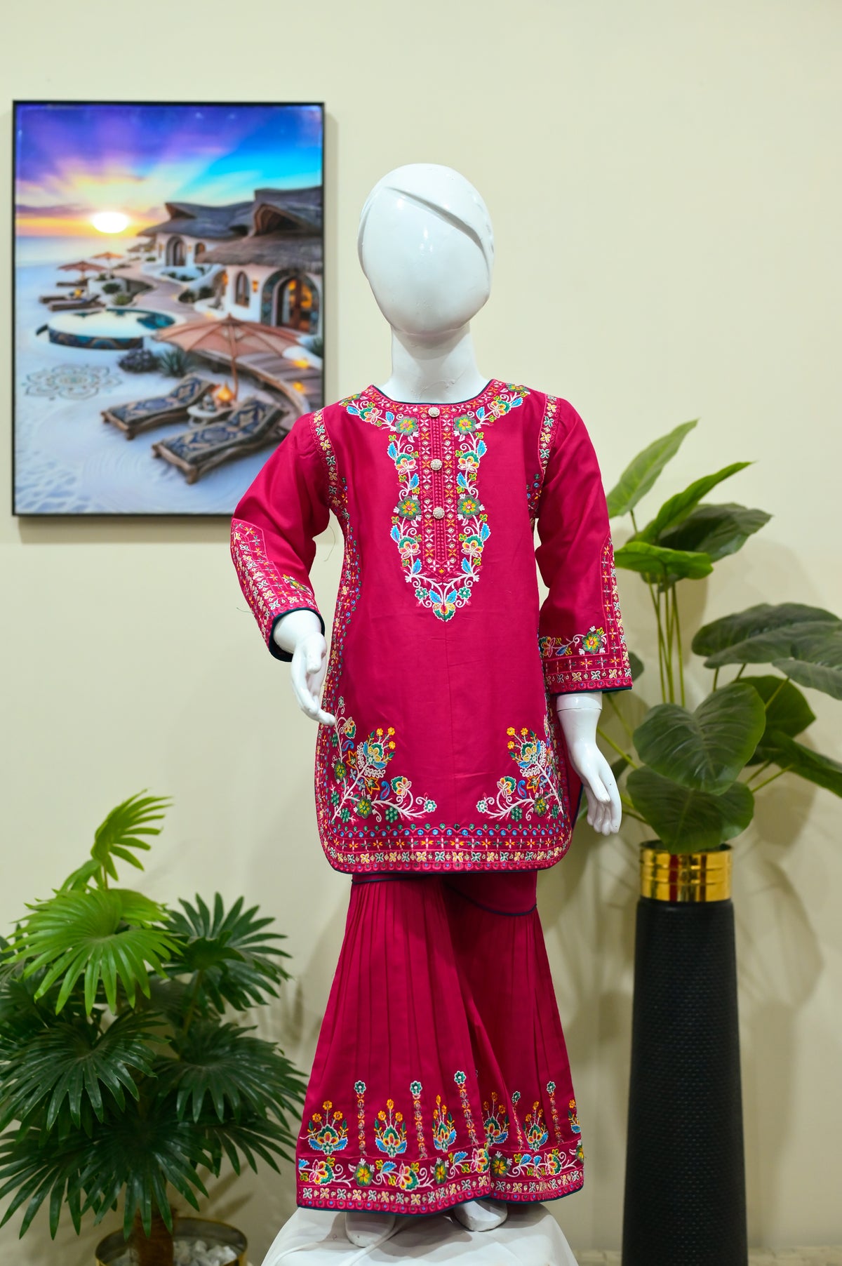 Mahroon Floral Embroidered Kurti & Pleated Sharara