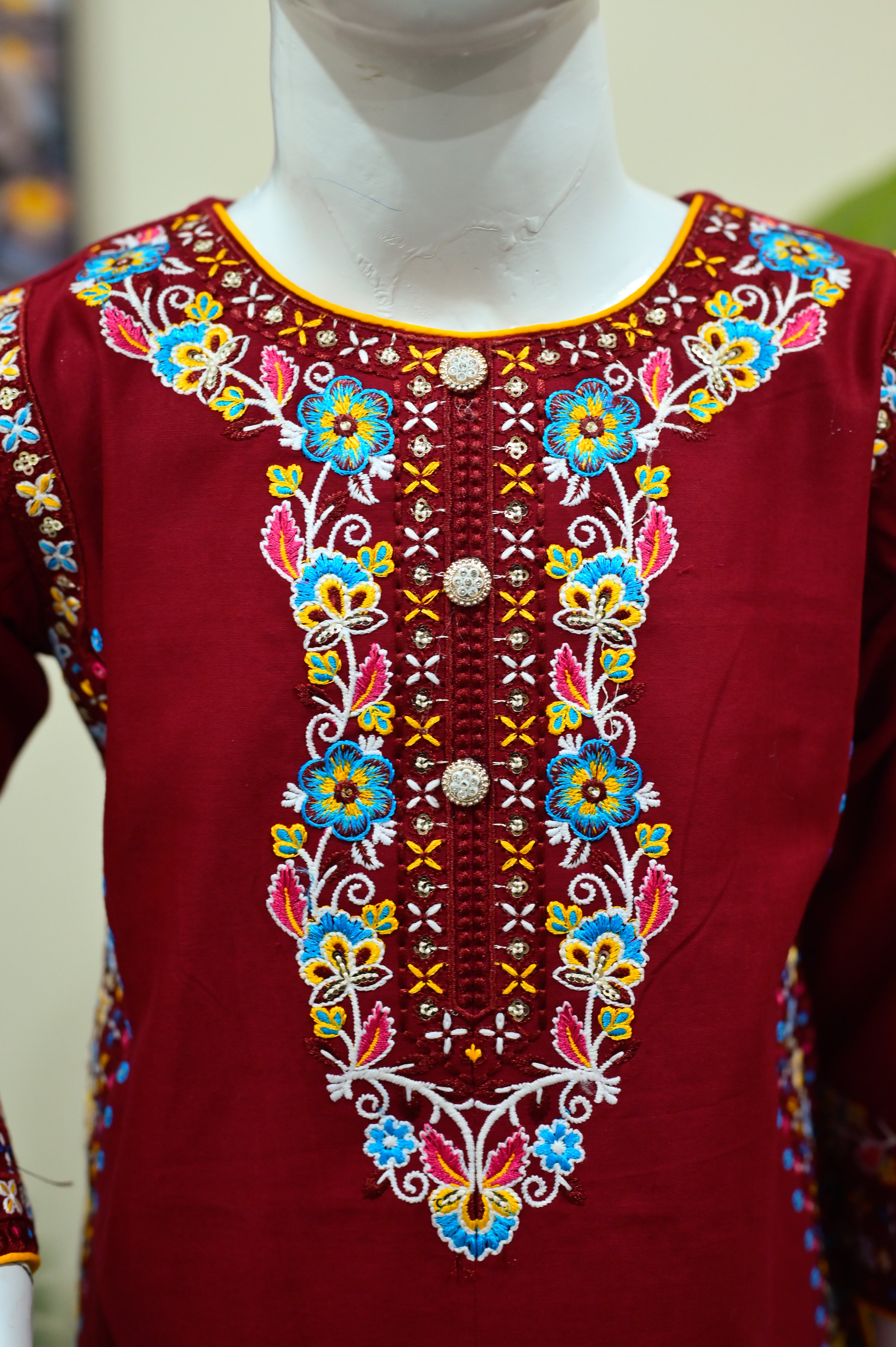 Mahroon Floral Embroidered Kurti & Pleated Sharara