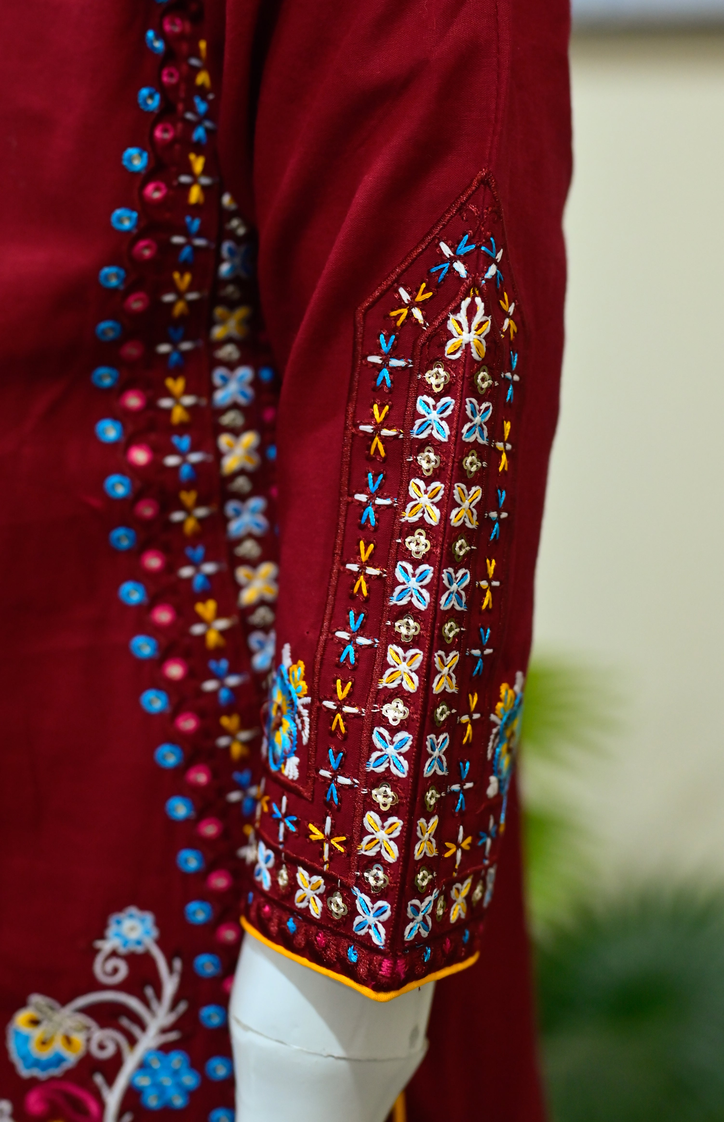 Mahroon Floral Embroidered Kurti & Pleated Sharara
