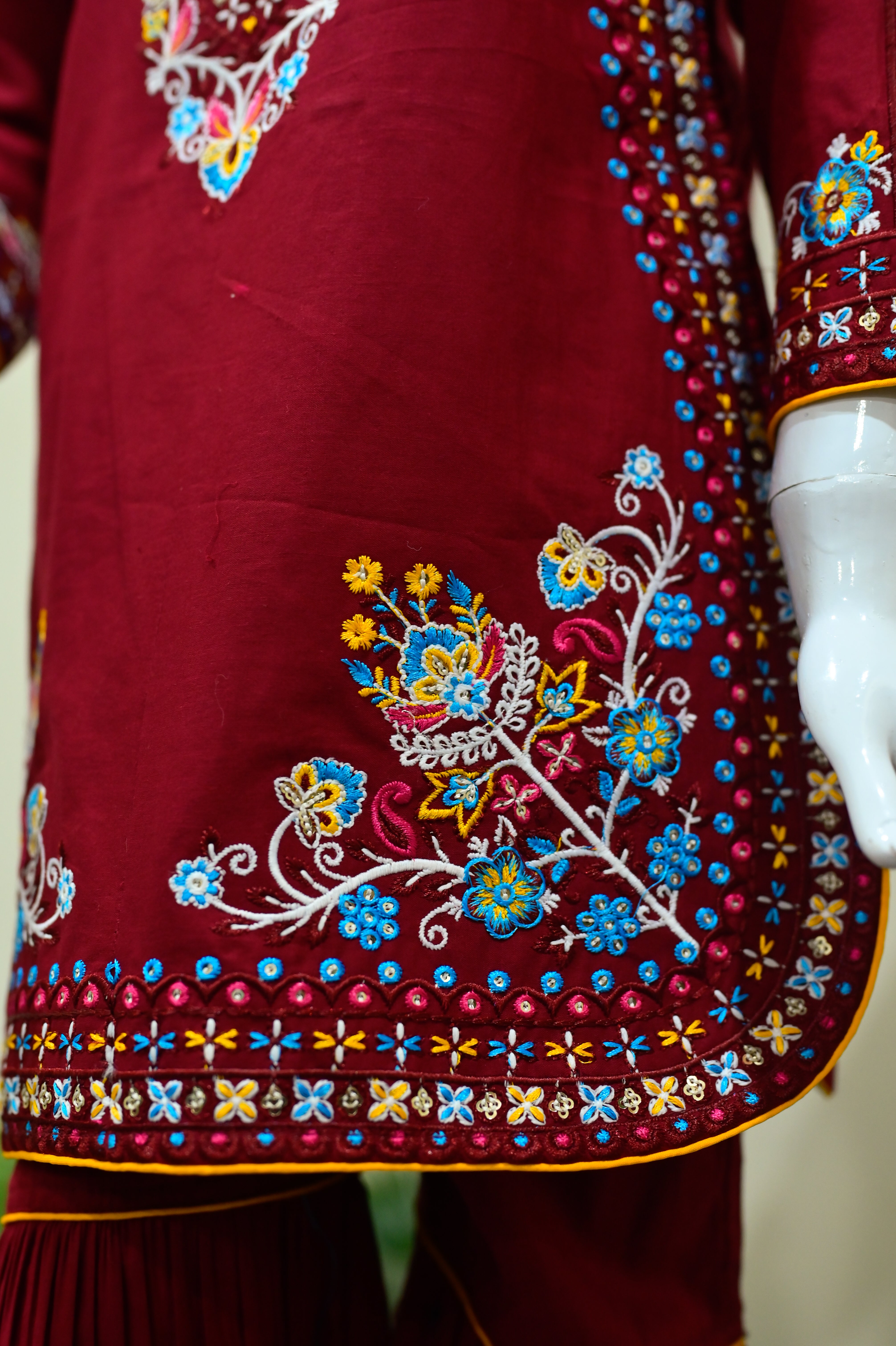 Mahroon Floral Embroidered Kurti & Pleated Sharara