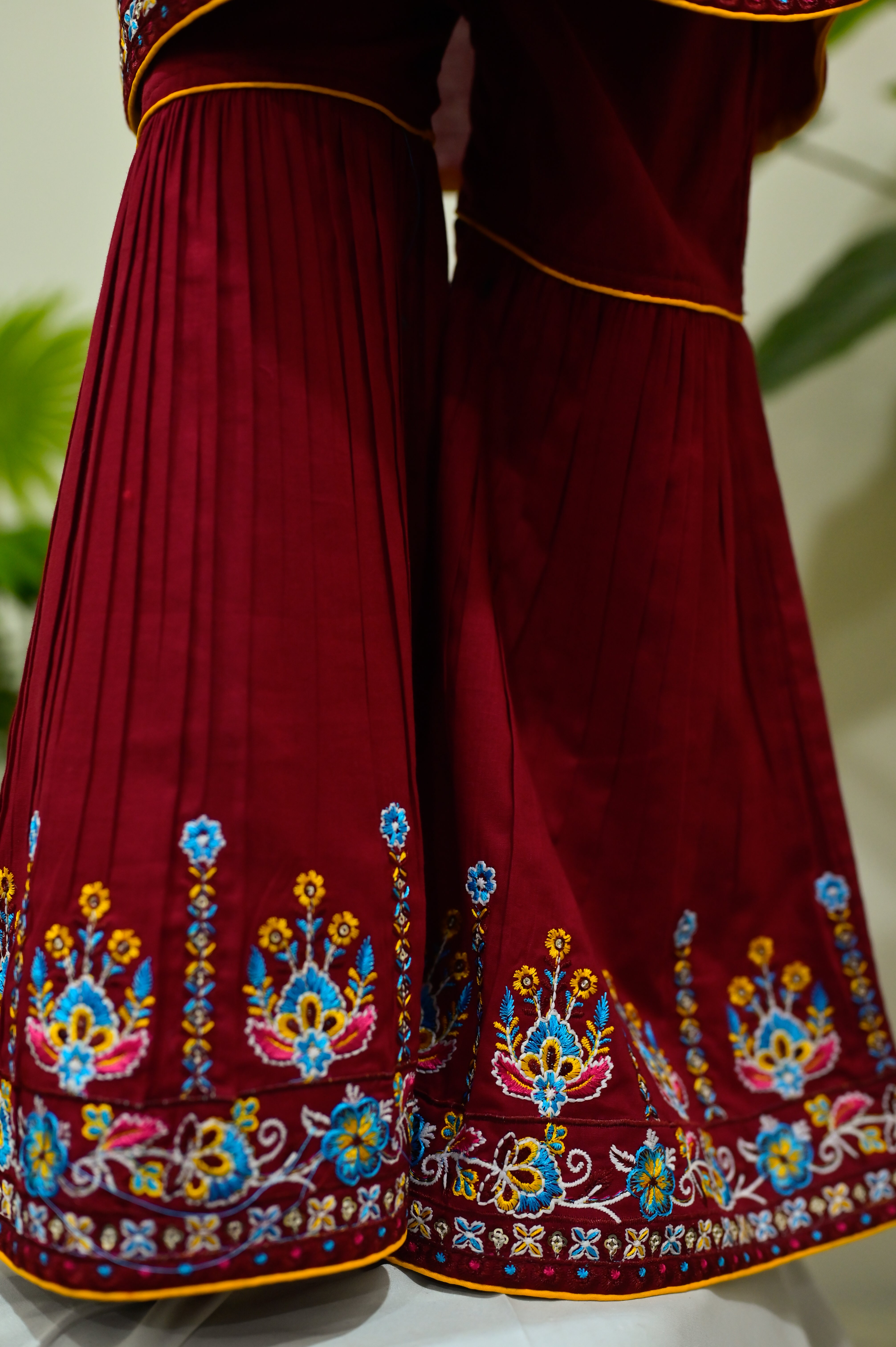 Mahroon Floral Embroidered Kurti & Pleated Sharara