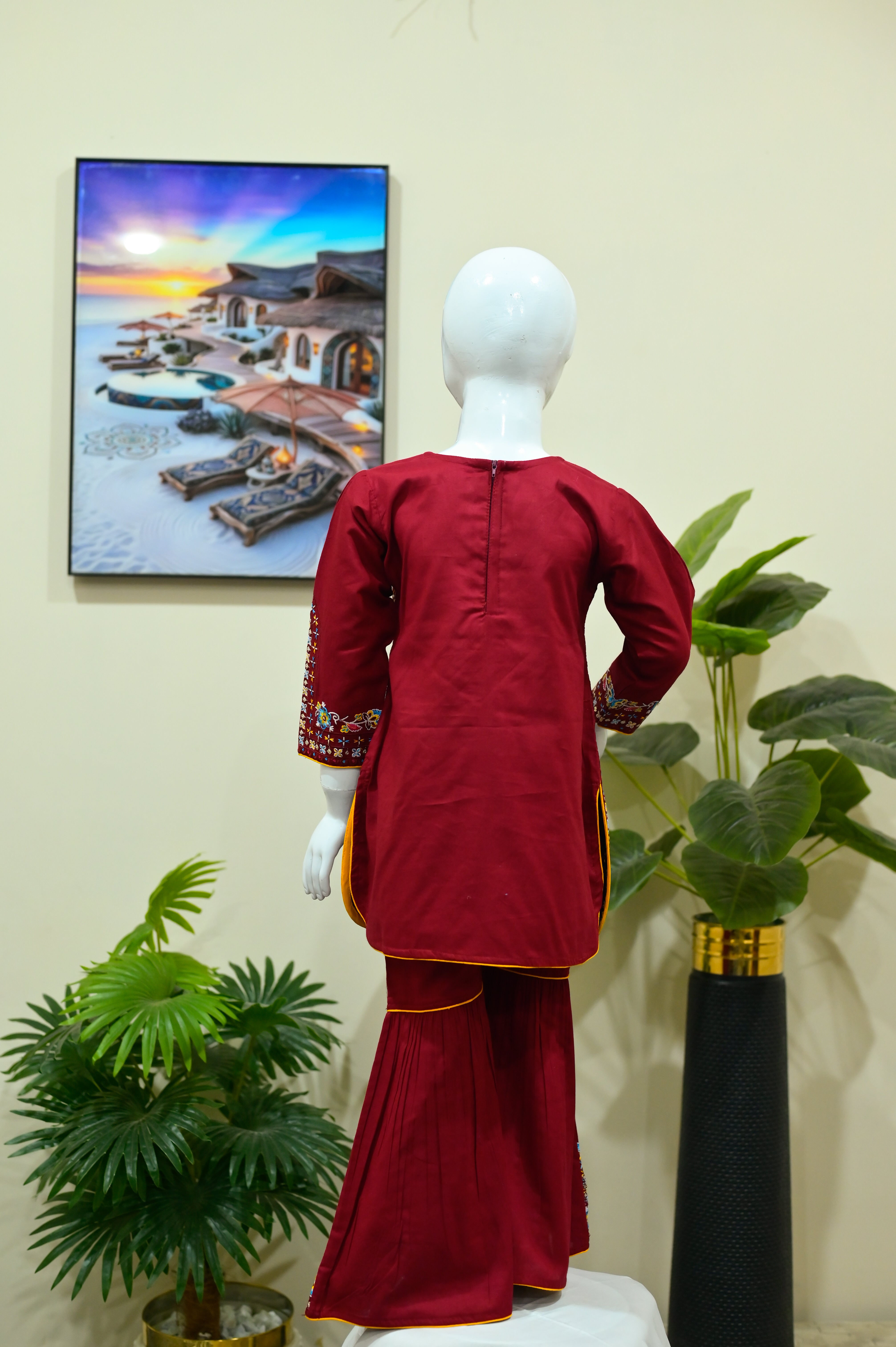 Mahroon Floral Embroidered Kurti & Pleated Sharara
