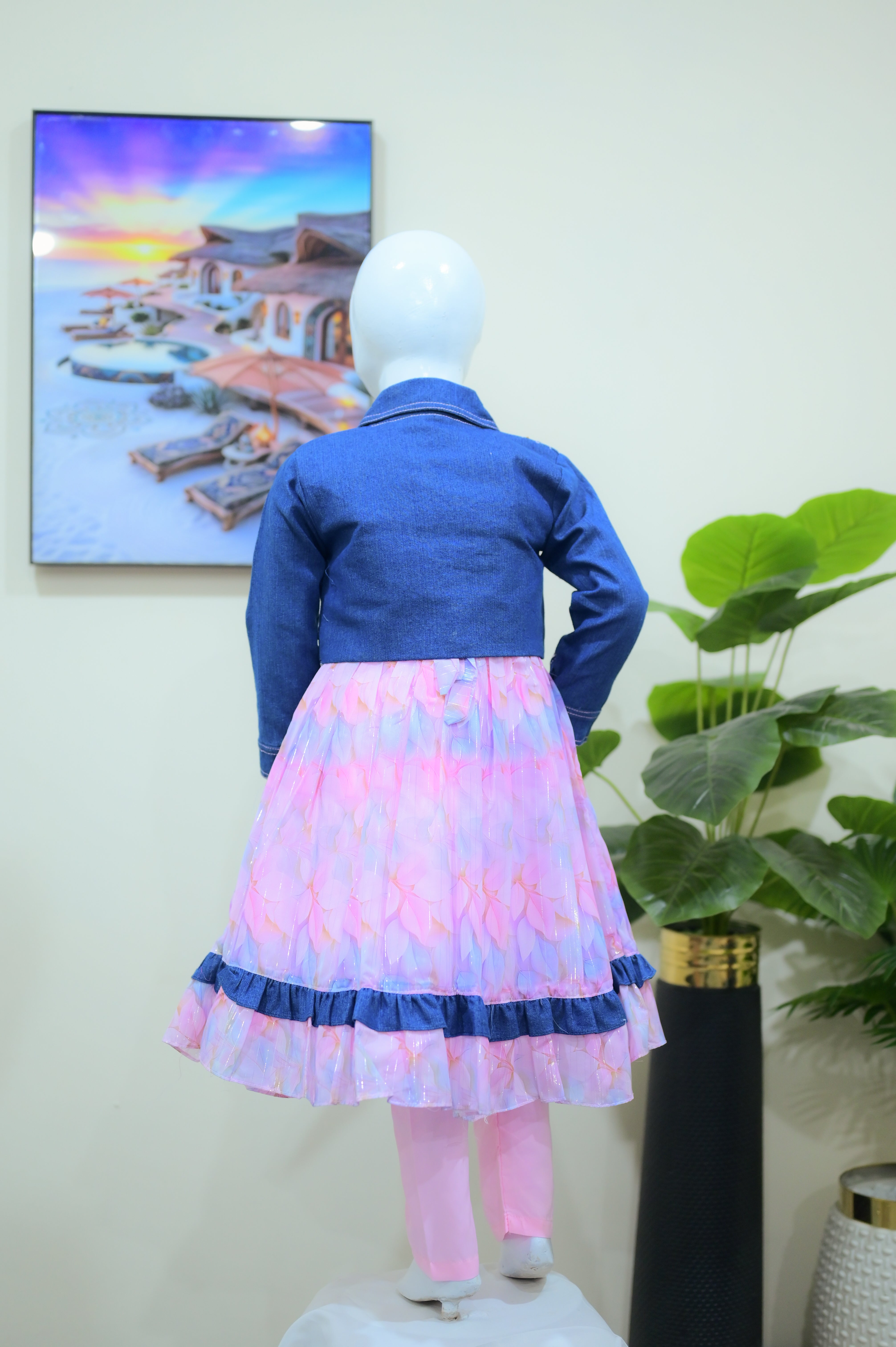 Girls 3-piece  Denim Jacket & Pink Dress Set