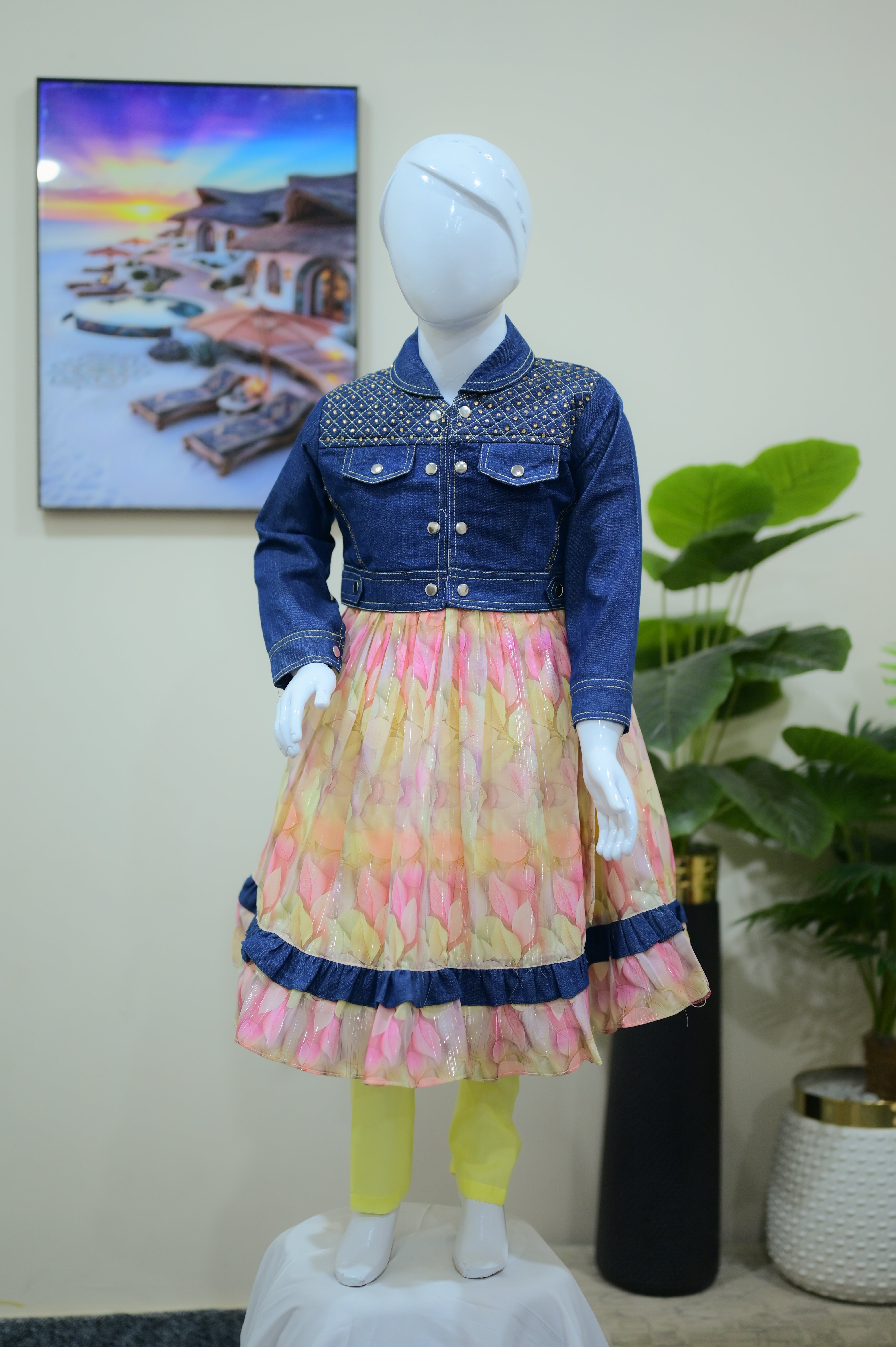 Girls 3-piece  Denim Jacket & Pink Dress Set