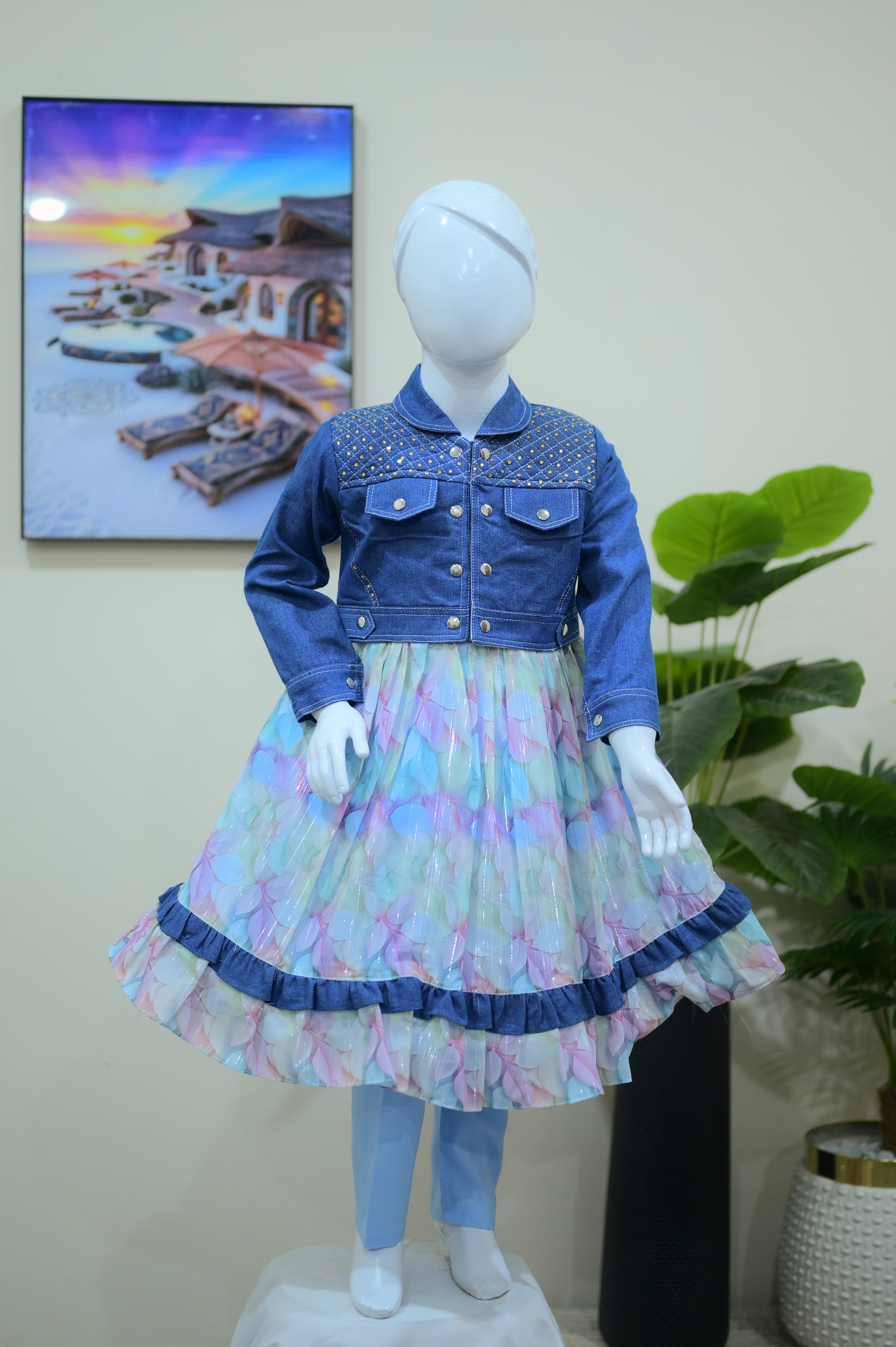 Girls 3-piece  Denim Jacket & Pink Dress Set