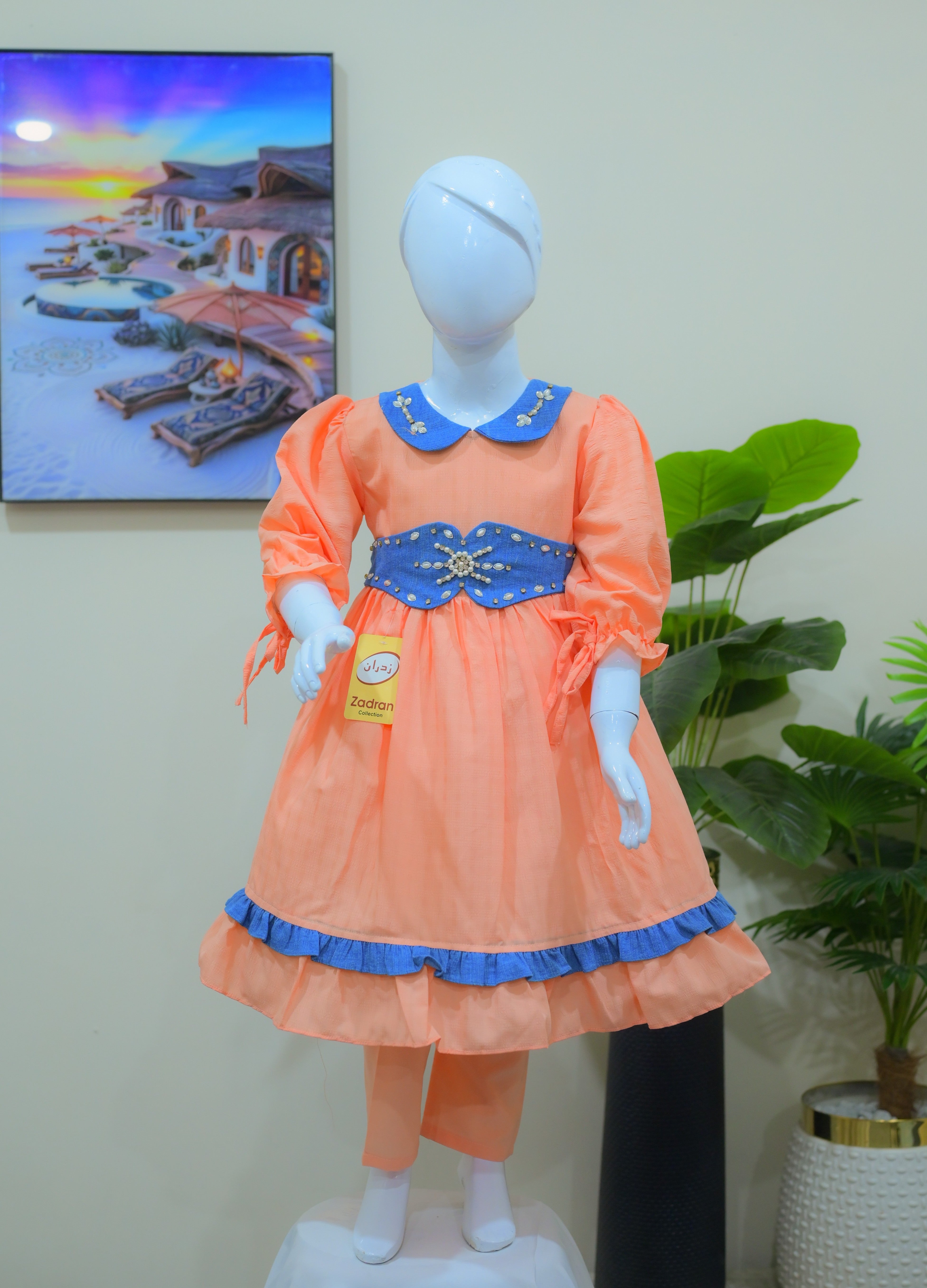 Peach & Denim Blue Embellished Frock Suit for Kids