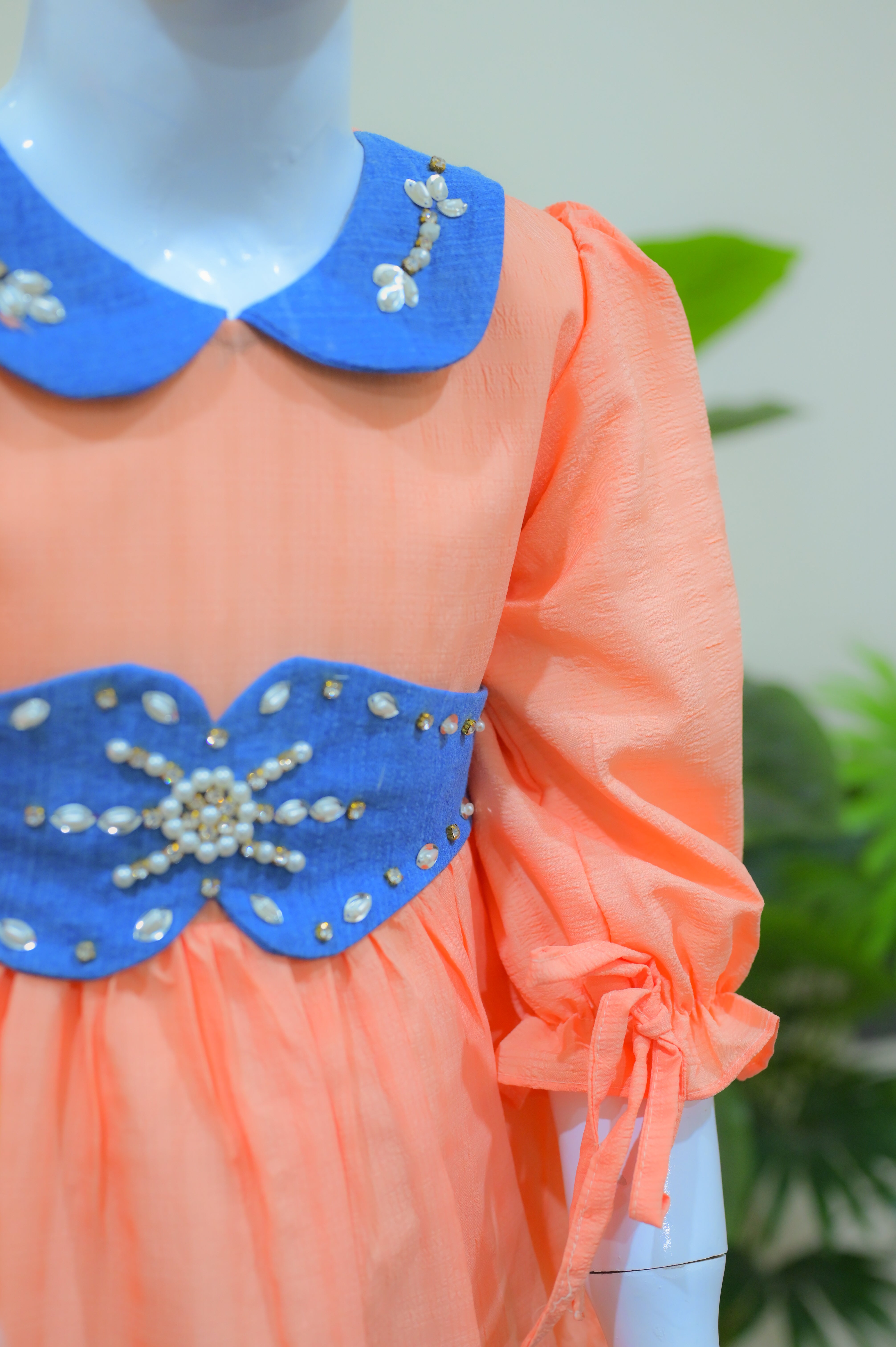 Peach & Denim Blue Embellished Frock Suit for Kids
