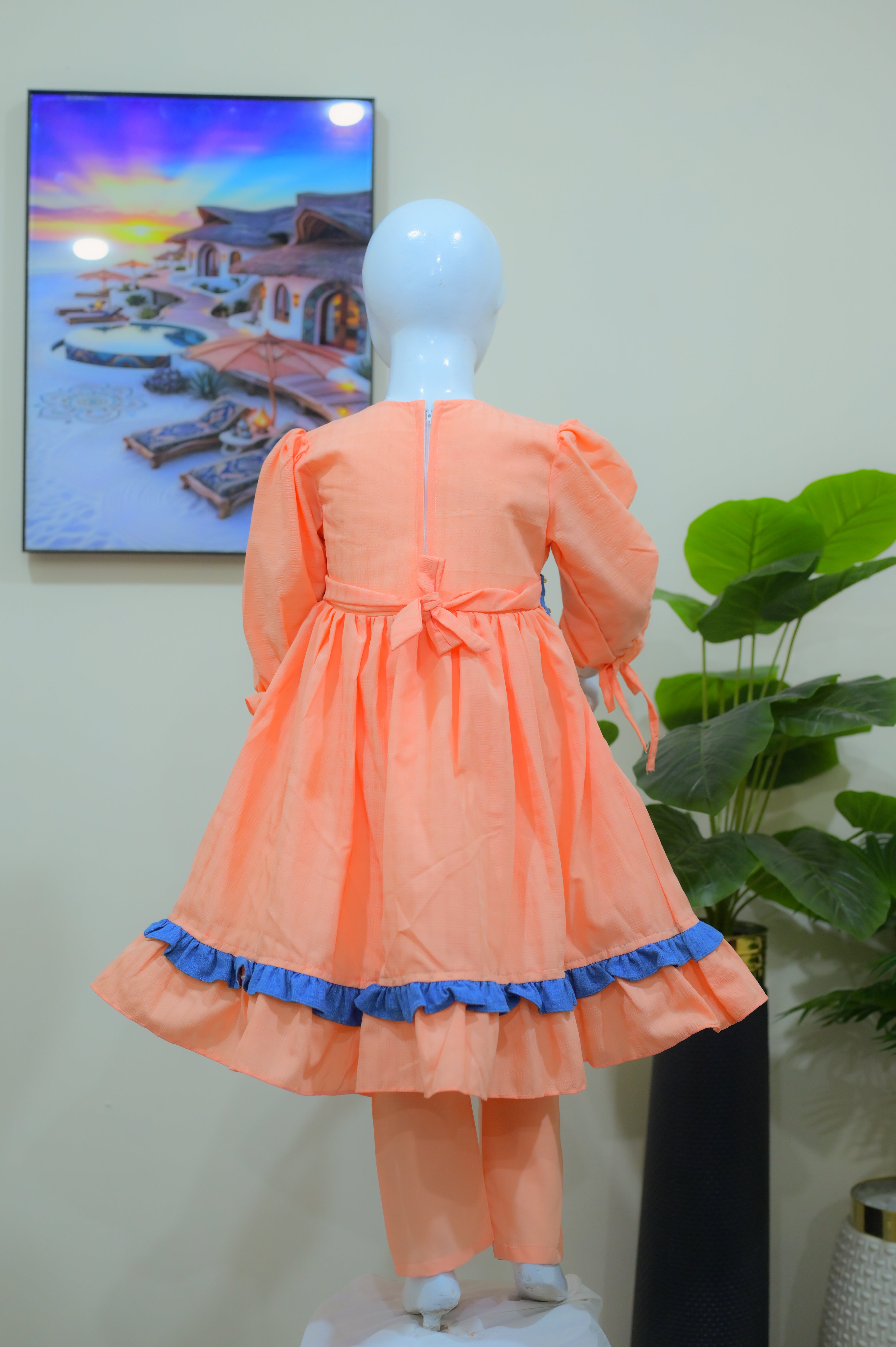 Peach & Denim Blue Embellished Frock Suit for Kids