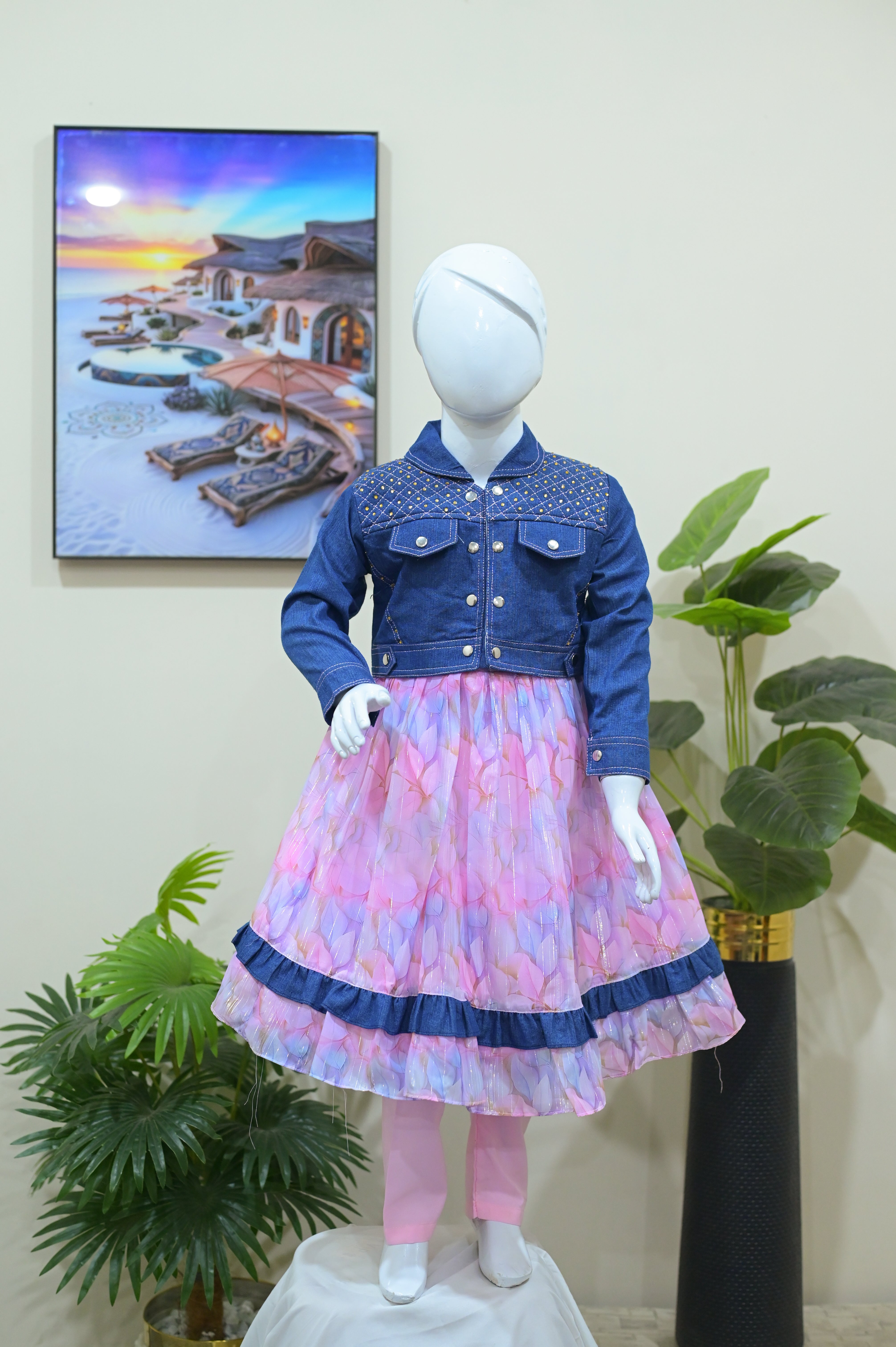 Girls 3-piece  Denim Jacket & Pink Dress Set