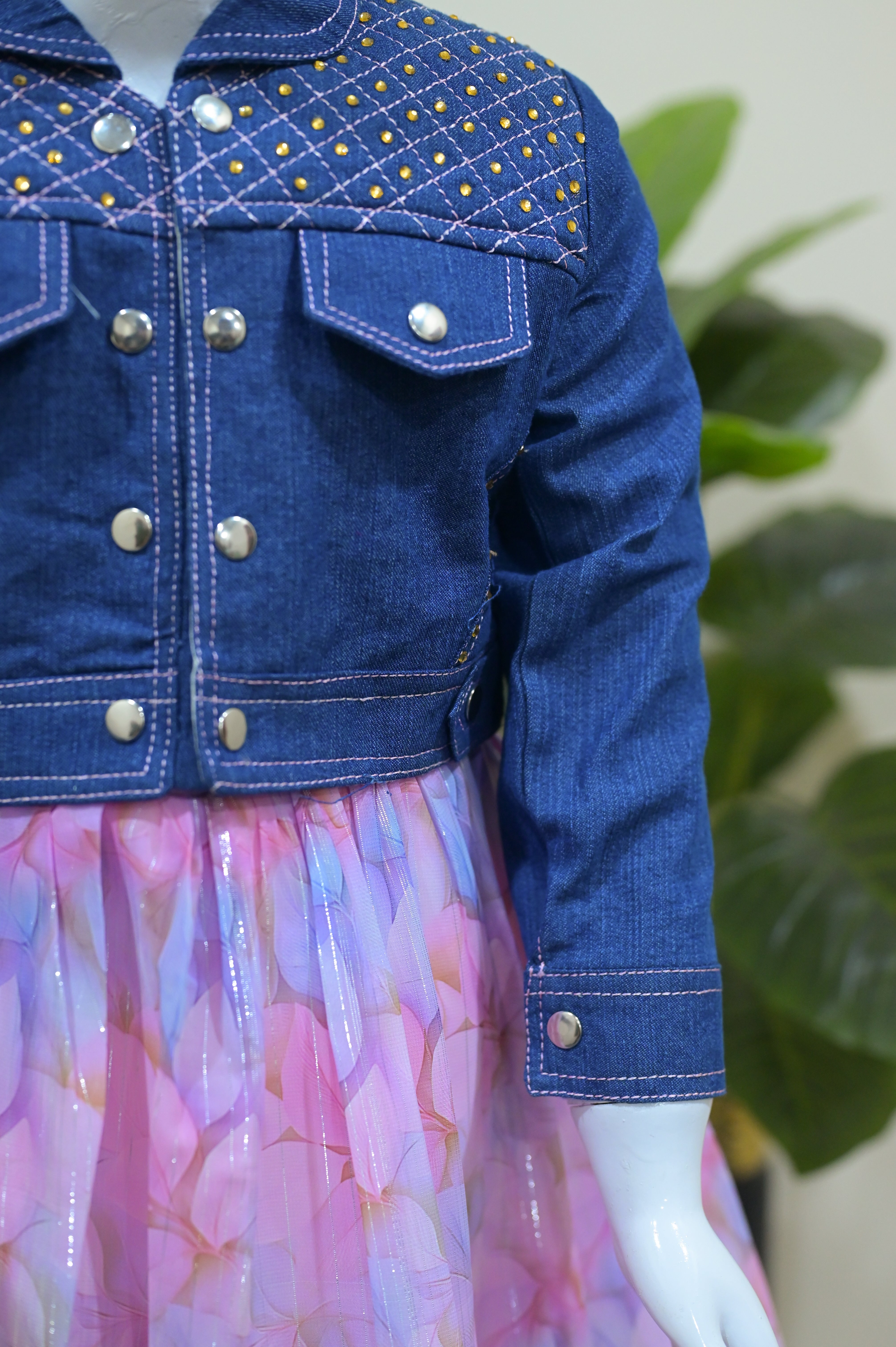 Girls 3-piece  Denim Jacket & Pink Dress Set