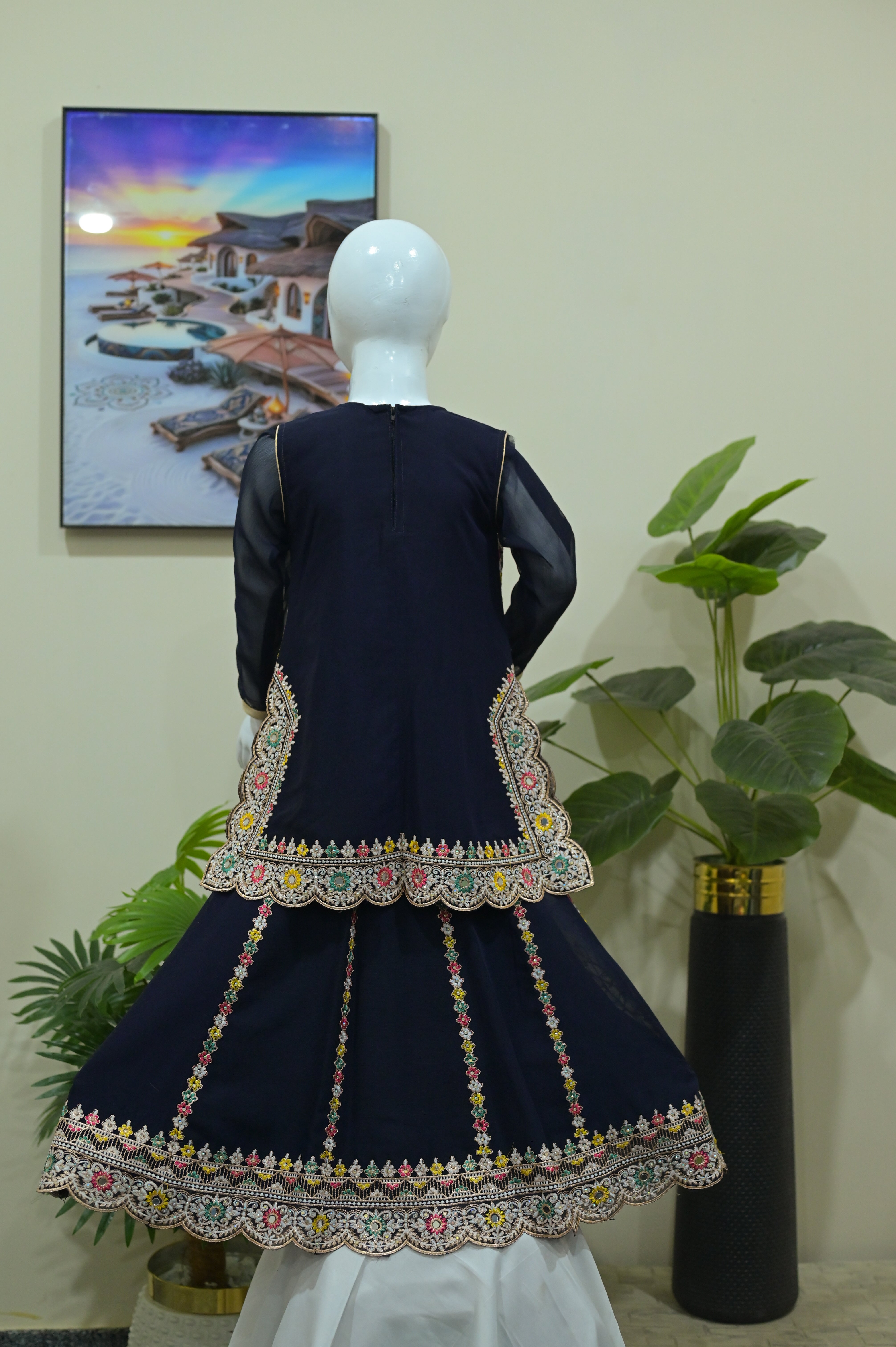Royal Navy Blue Mirror Work Sharara Set for Little Girls