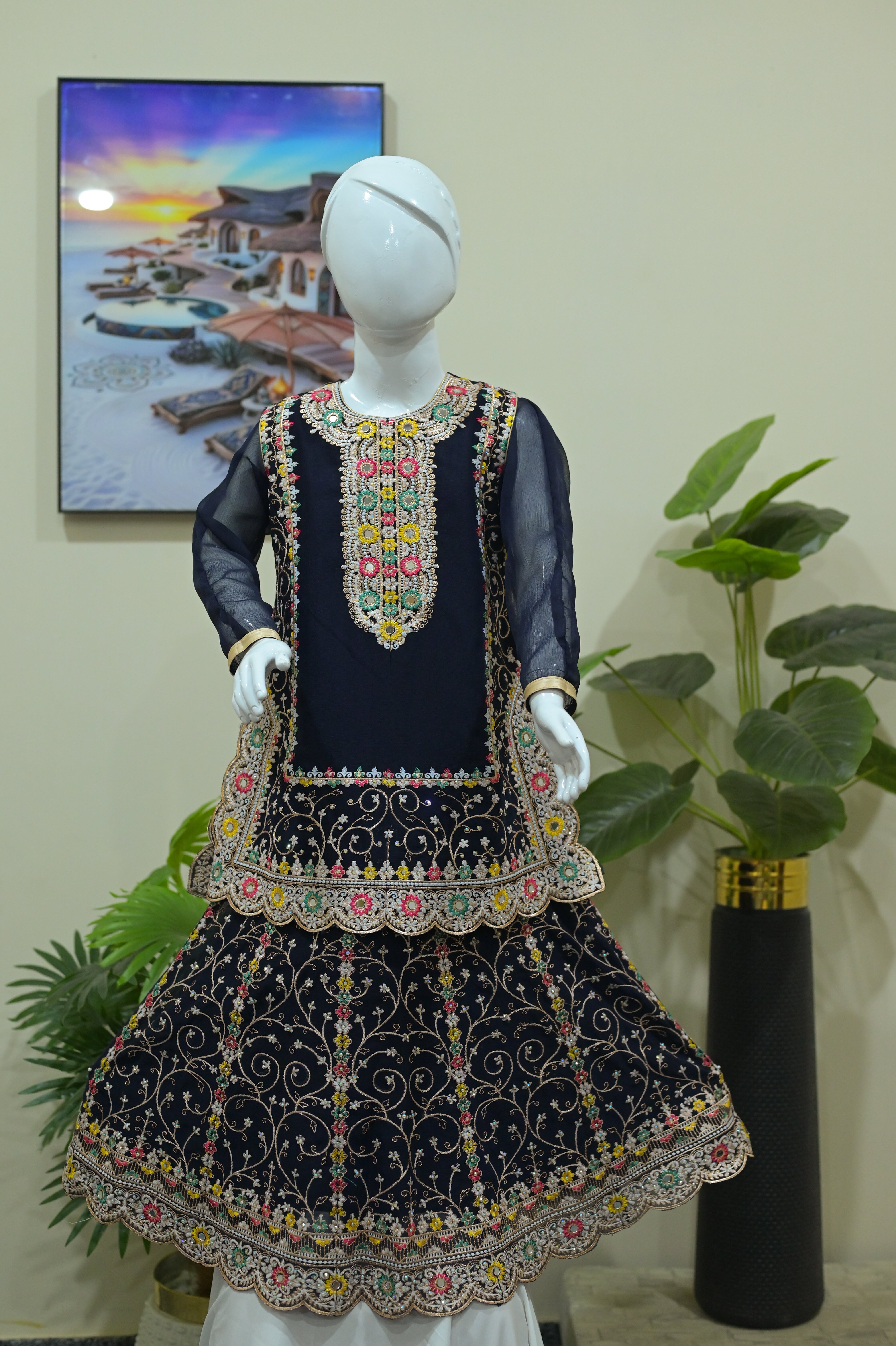 Royal Navy Blue Mirror Work Sharara Set for Little Girls