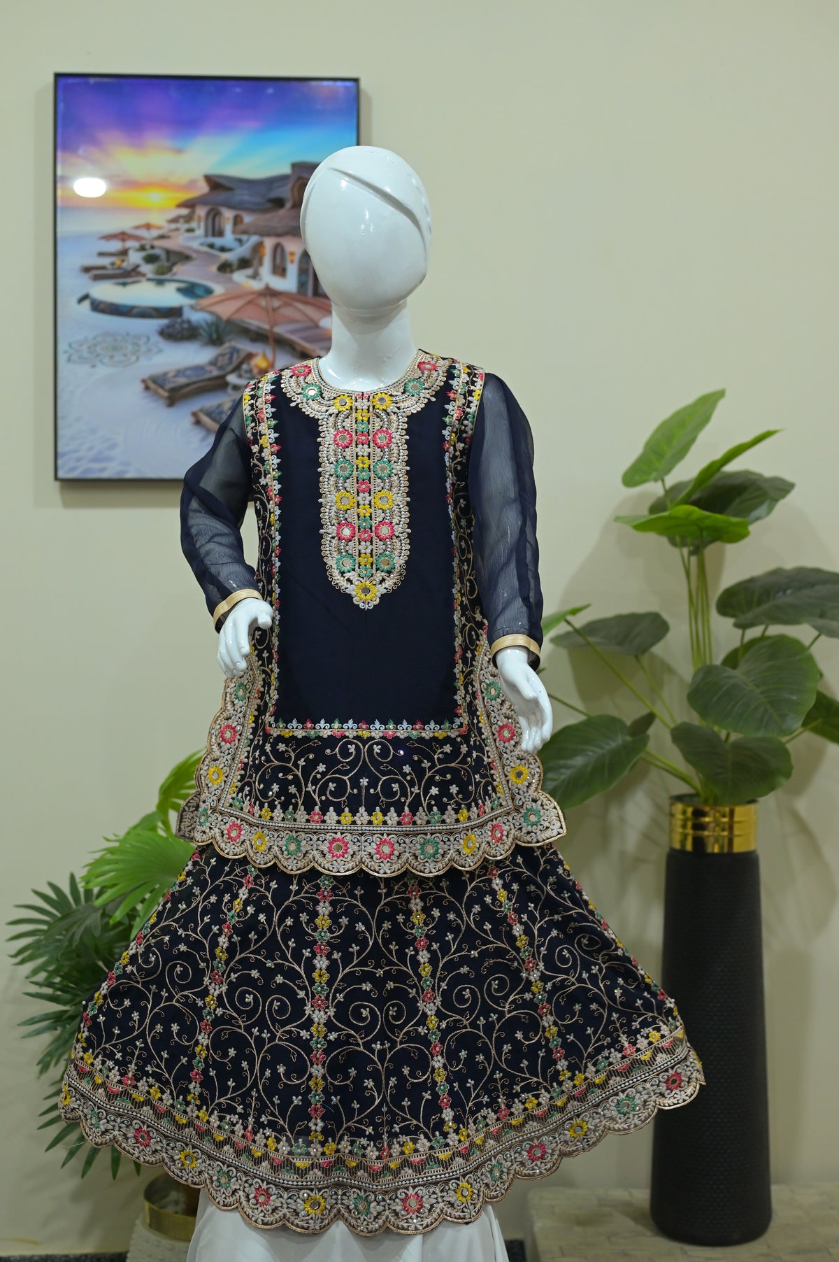 Royal Navy Blue Mirror Work Sharara Set for Little Girls