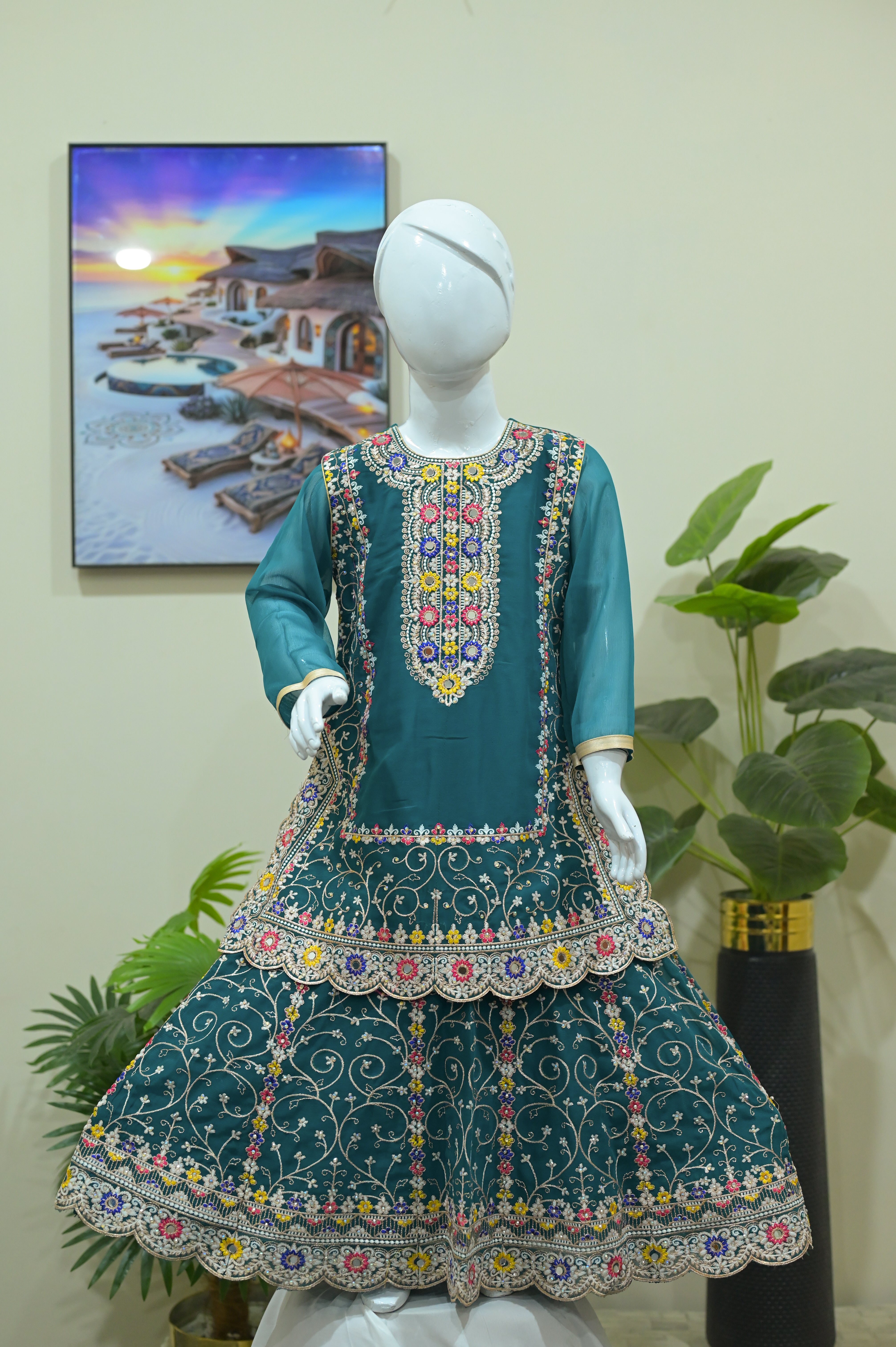 Royal Navy Blue Mirror Work Sharara Set for Little Girls
